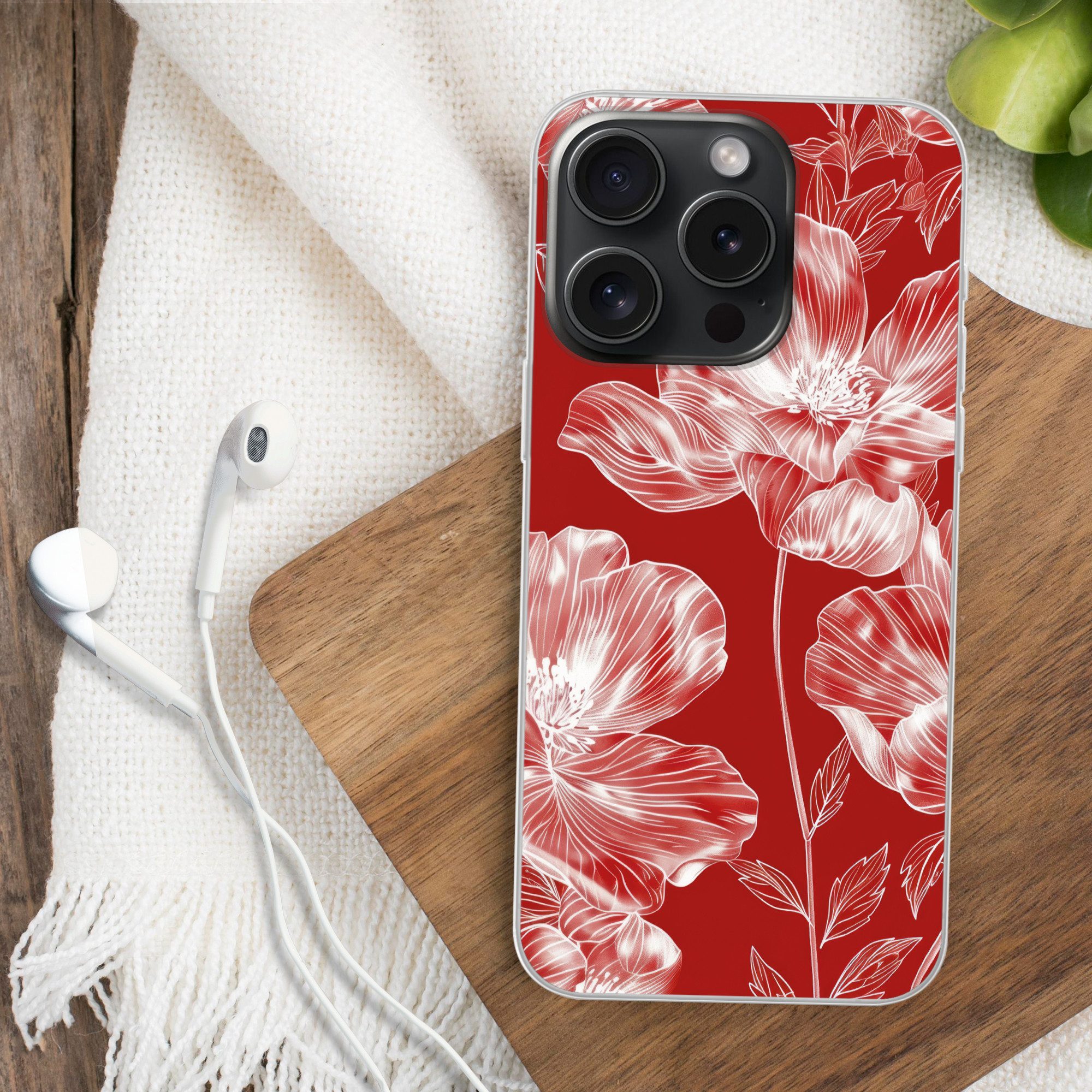 MuchoWow Handyhülle für Apple iPhone 15 Pro Blumen - Muster - Rot - Weiß, Smartphone-Bumper, Print, Handy Schutzhülle Dünn