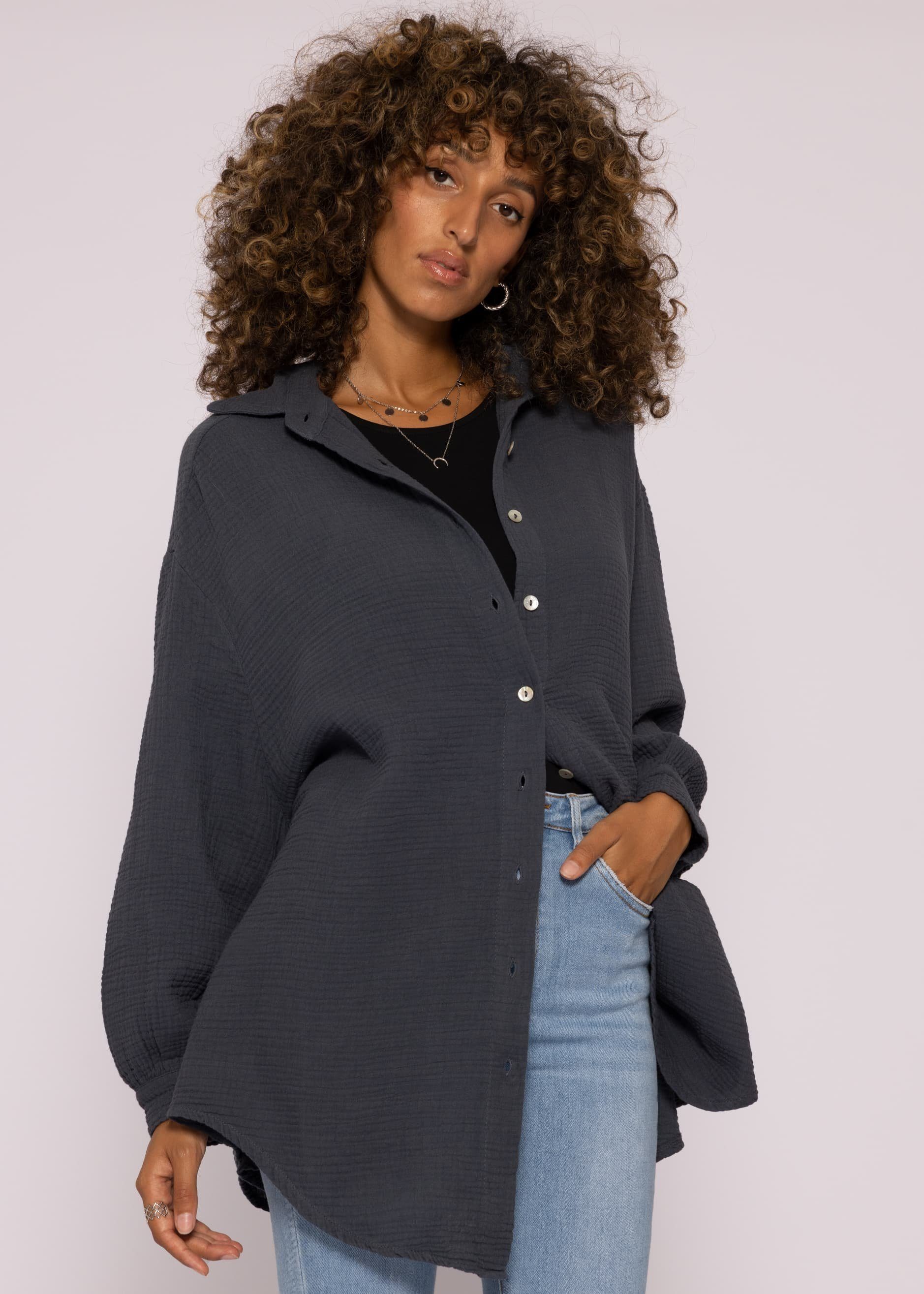One Hemdbluse Damen V-Ausschnitt, Size 36-48) Baumwolle SASSYCLASSY Bluse aus Longbluse Dunkelgrau Musselin (Gr. mit Langarm Oversize lang