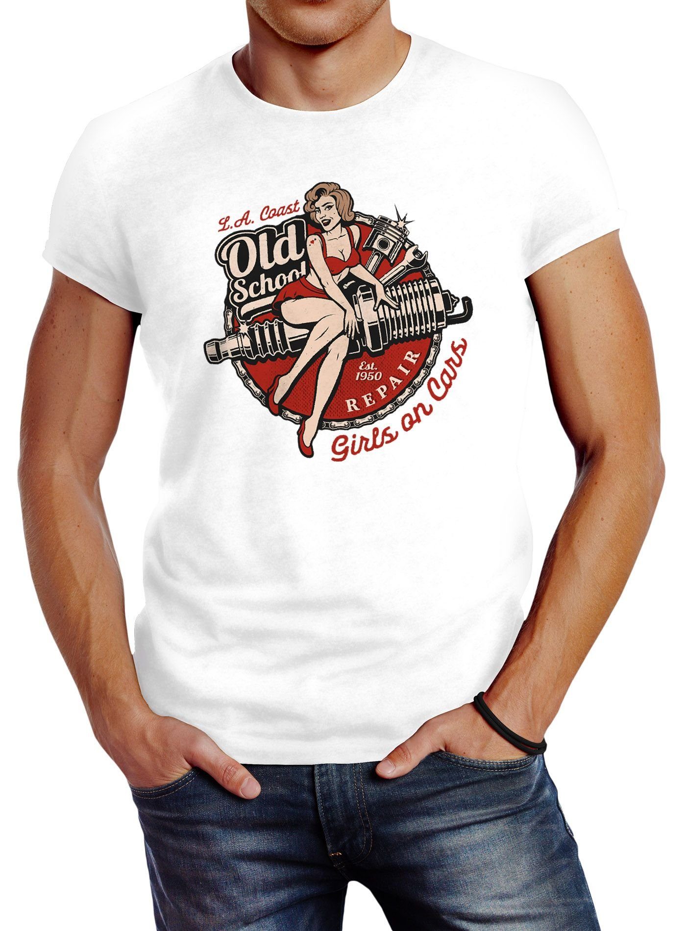 Herren Shirts Neverless Print-Shirt Herren T-Shirt Girls on Cars Retro Vintage Print Pin up Girl Logo Aufdruck Slim Fit Neverles