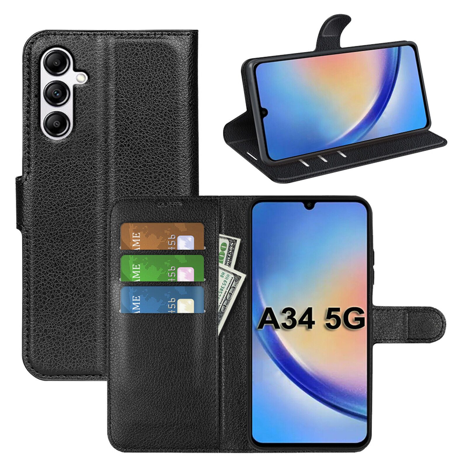 betterfon Handyhülle Handytasche für Samsung Galaxy A34 5G Klapphülle Schwarz, 3 Kartenfächer, Magnetverschluss & Standfunktion im Lederlook