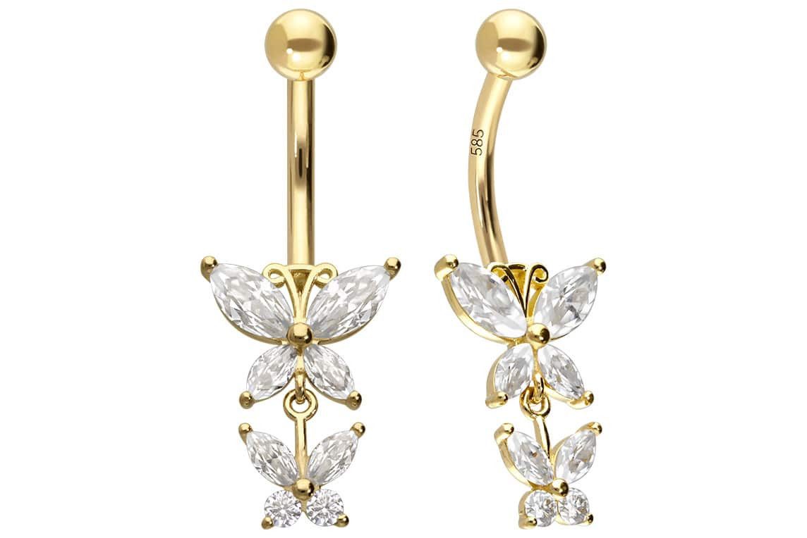 PIERCINGLINE Bauchnabelpiercing 14/18 Karat Gold Bananabell 2 MOISSANIT-SCHMETTERLINGE (Bananabells, 1-tlg)