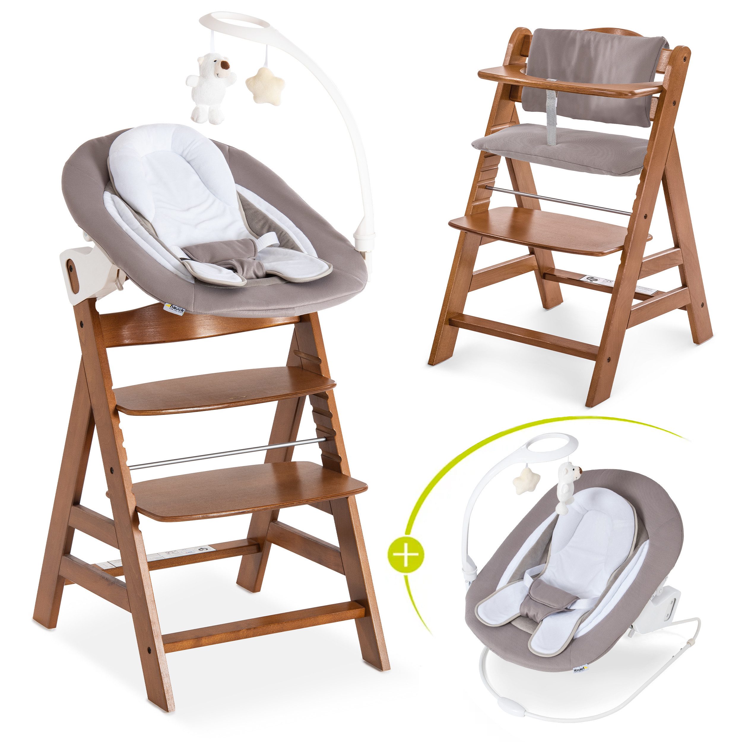 Hauck Hochstuhl Alpha Plus Newborn Set Deluxe - Walnut, Holz Babyhochstuhl ab Geburt inkl. Neugeborenenaufsatz & Sitzauflage
