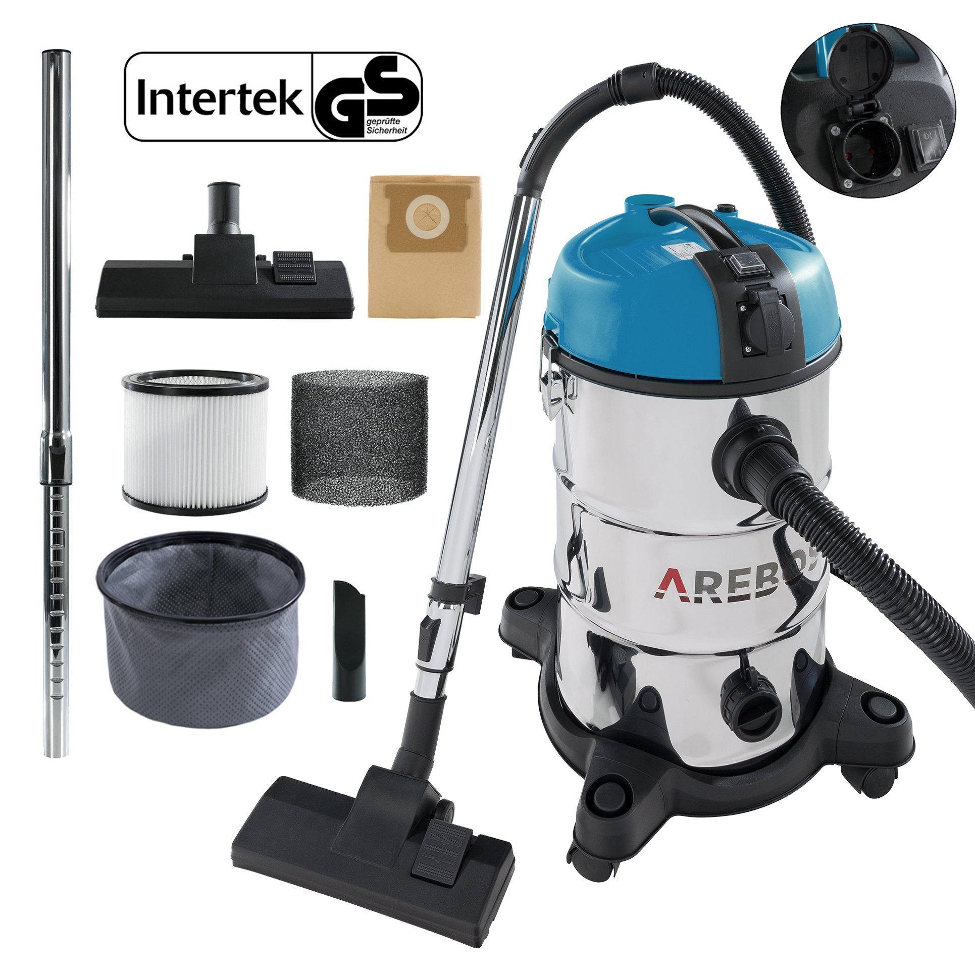 Arebos Industriesauger 5in1, Nass-& Trockensauger, 1300W, 30 L, 1300 W, Verwendbar als Trockensauger mit Beutel und Filter sowie als beutelloser Wassersauger mit praktischem Wasserablass für schnelle Entleerung blau