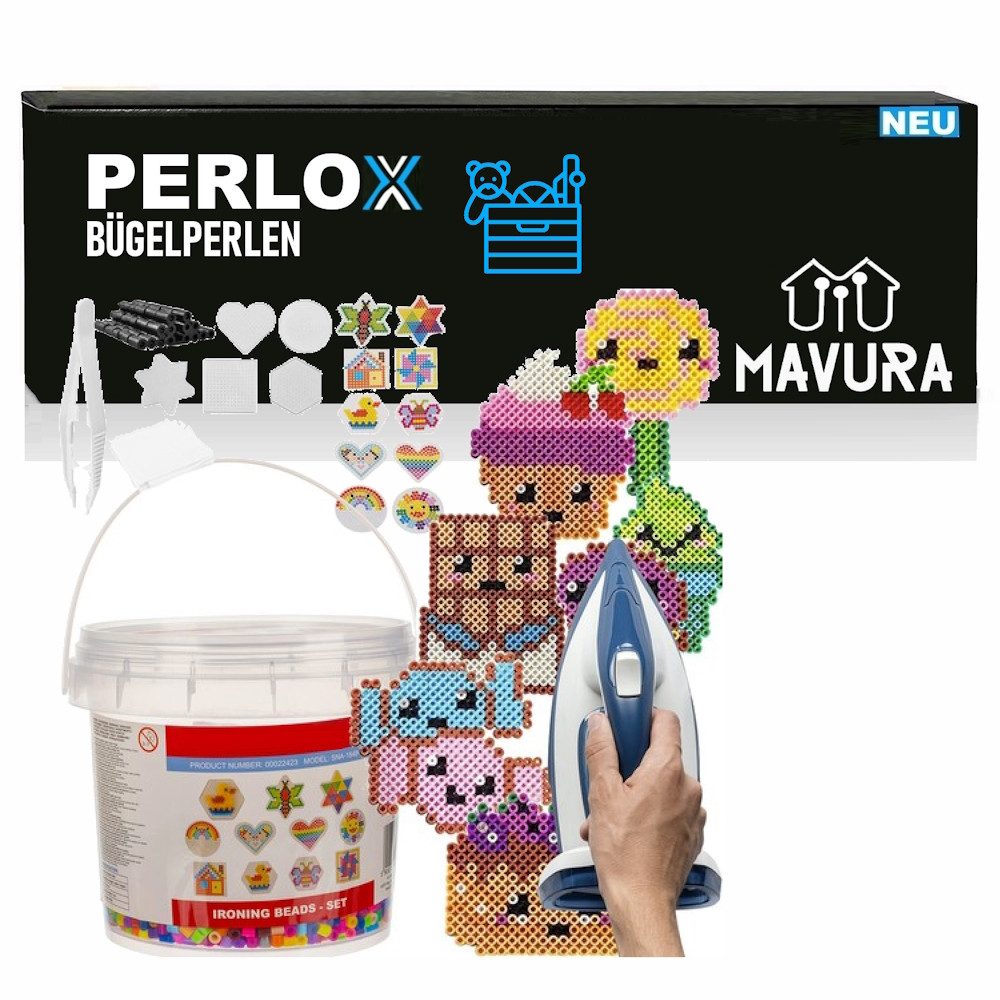 MAVURA Bügelperlen PERLOX XXL Bügelperlen Steckperlen Set Vorlagen 10 Farben, Stiftplatten Beads im Eimer mit Pinzette über 5.000 Stück