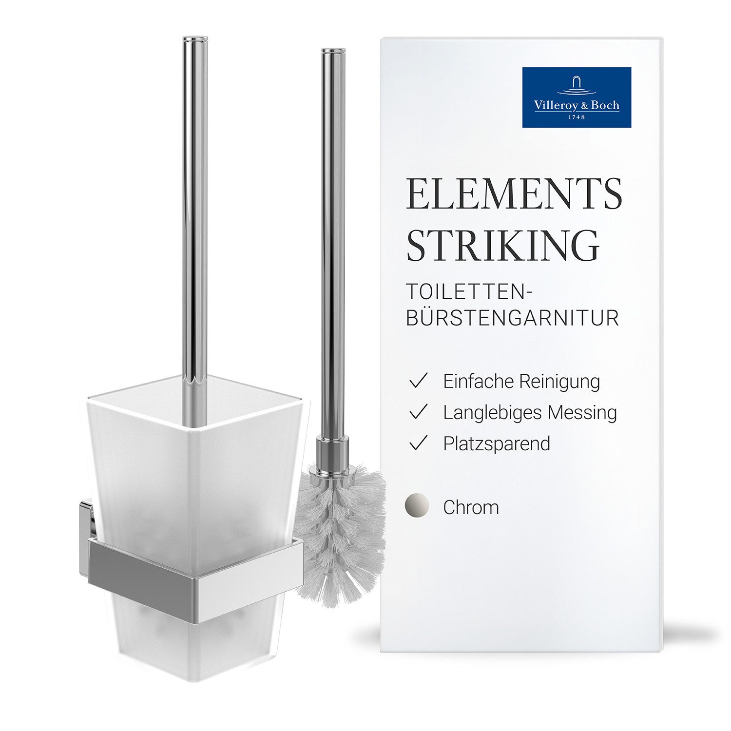 Villeroy & Boch WC-Reinigungsbürste Elements, Toilettenbürstengarnitur, Wandmontage, satiniertes Glas, Chrom
