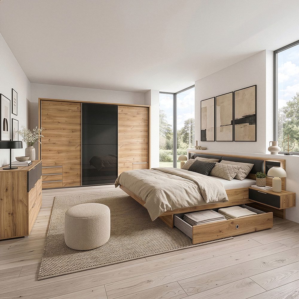 Lomadox Schlafzimmer-Set VIESTE-43, (Spar-Set, 5-tlg), mit Bett 180x200, graphit mit Eiche