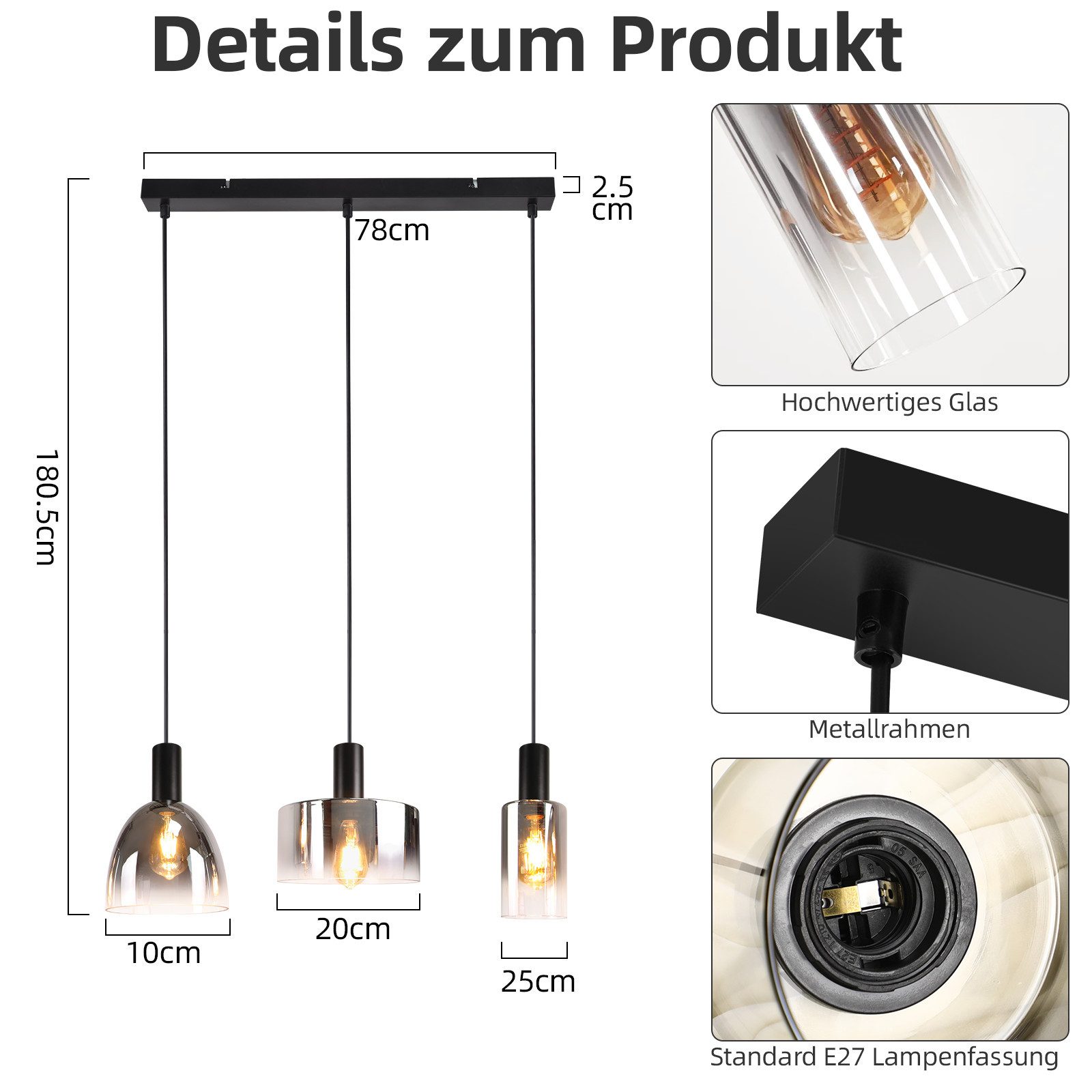 Nettlife Pendelleuchte 3/4 rauchgrauem Glas E27 Fassung Industrielle Hängeleuchte, Höhenverstellbar, LED wechselbar, Pendellampe für Wohnzimmer Küche Esszimmer