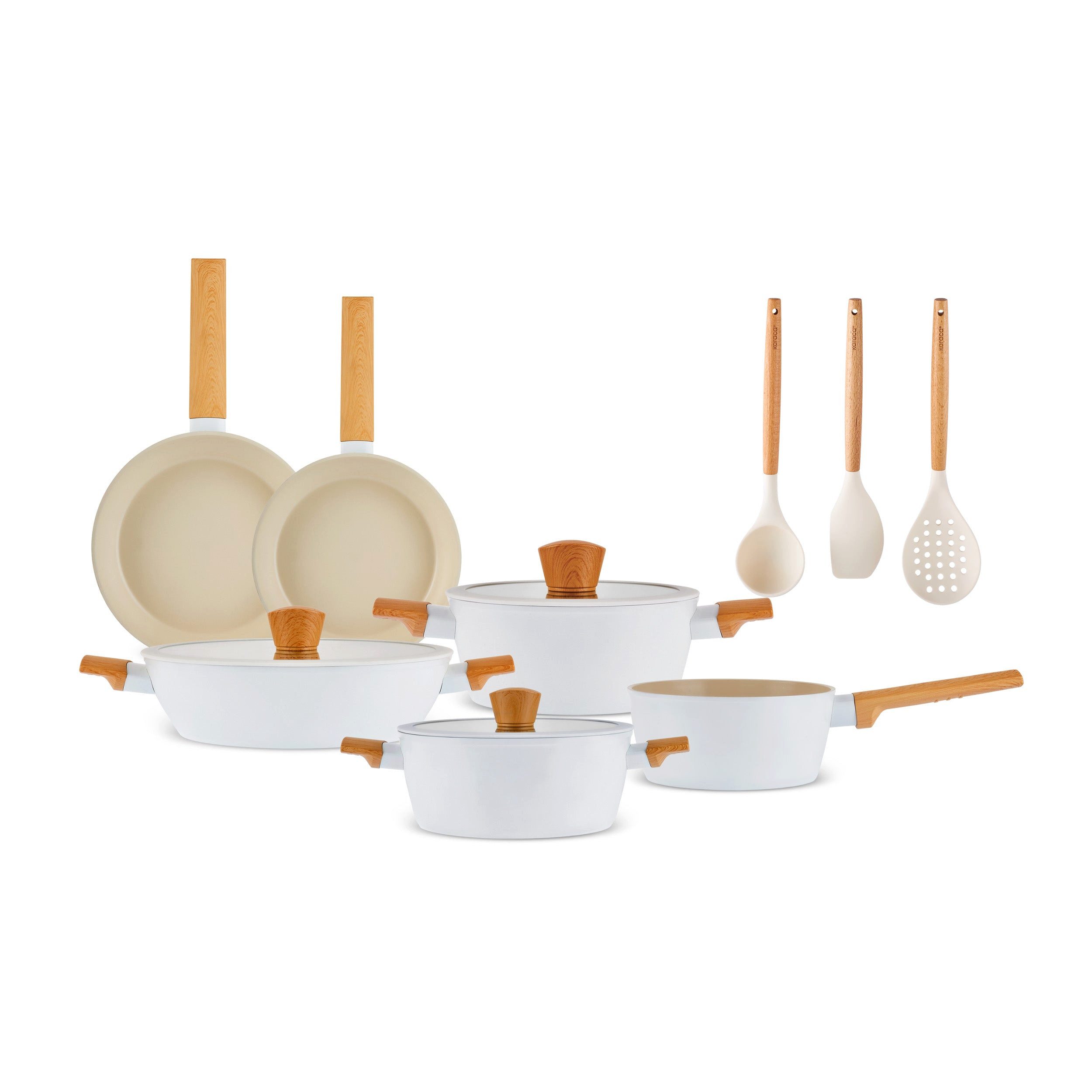 Karaca Topf-Set Swiss Crystal Almond Cream 12-teiliges Kochgeschirr Kochtopf Set, (12-tlg), Bratpfanne Kochgeschirr Bratentopf Fleischtopf Stieltopf Pfanne