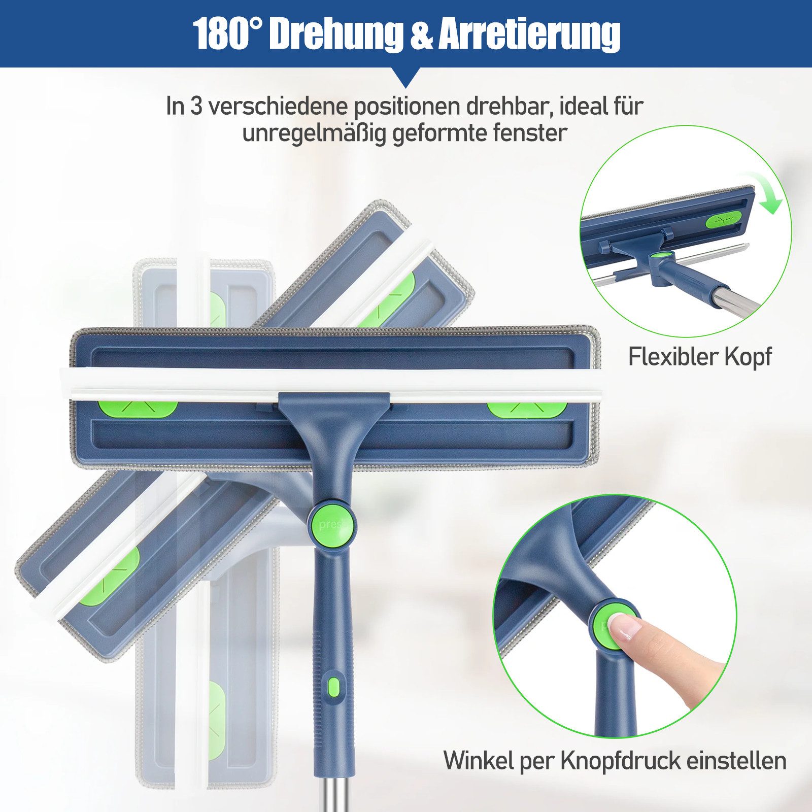 HUGERSTONE Fensterreiniger 2in1 Fensterputzer mit Teleskopstange (10-63inch) und Fensterabzieher, (1 x Fensterreiniger 1 x Fensterabzieher 2 x Reinigungstücher) Profi Fensterreinigungsset mit 2 Wischmopps für Bad, Fenster, Glas