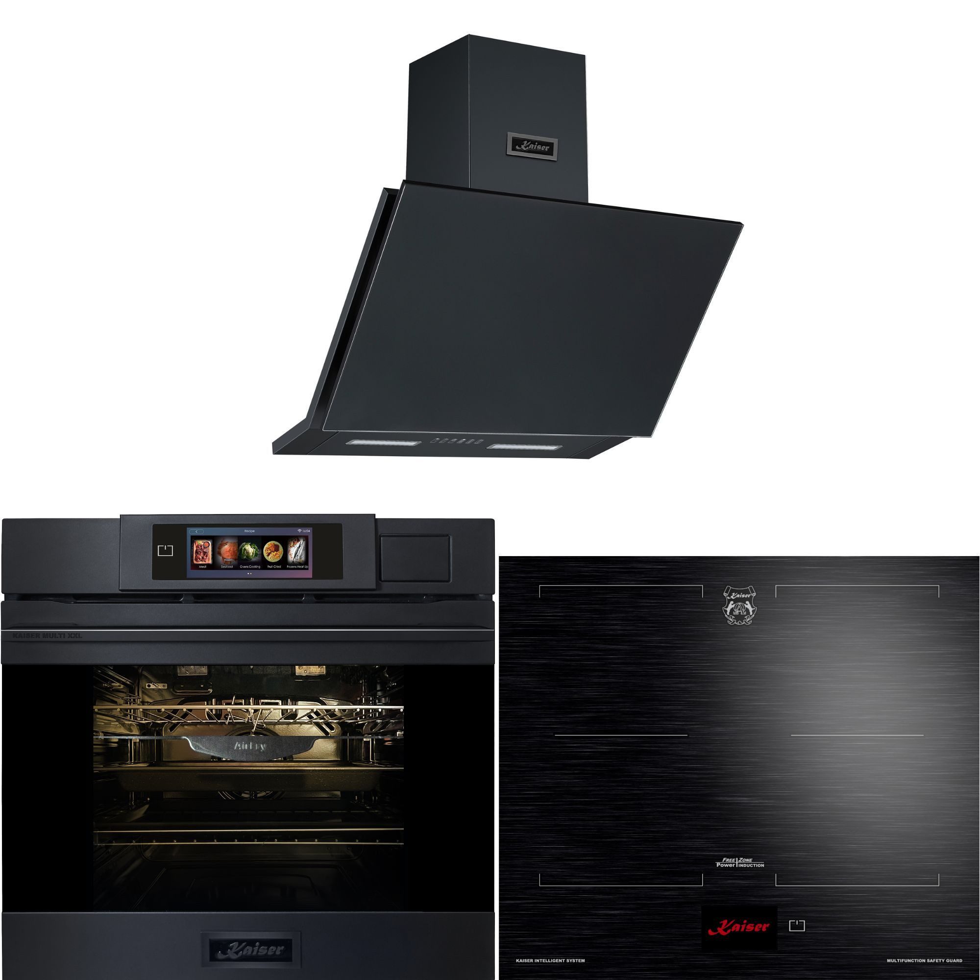 Kaiser Küchengeräte Backofen-Set Herd Set Autark Einbaubackofen XXL Multi 37,Multifunktions-Elektro-Dampfbackofen mit Dampfreinigung, 60 cm+Induktionskochfeld 60 cms • TFT Display 4 Induktions-Kochzonen (Booster) davon 2 FlexInduktions-Zonen +Dunstabzugshaube 60cm 1250m³/h Schwarz matt EH 6341+KCT 6140 FI+AT 6455 s ., mit 1-fach-Teleskopauszug