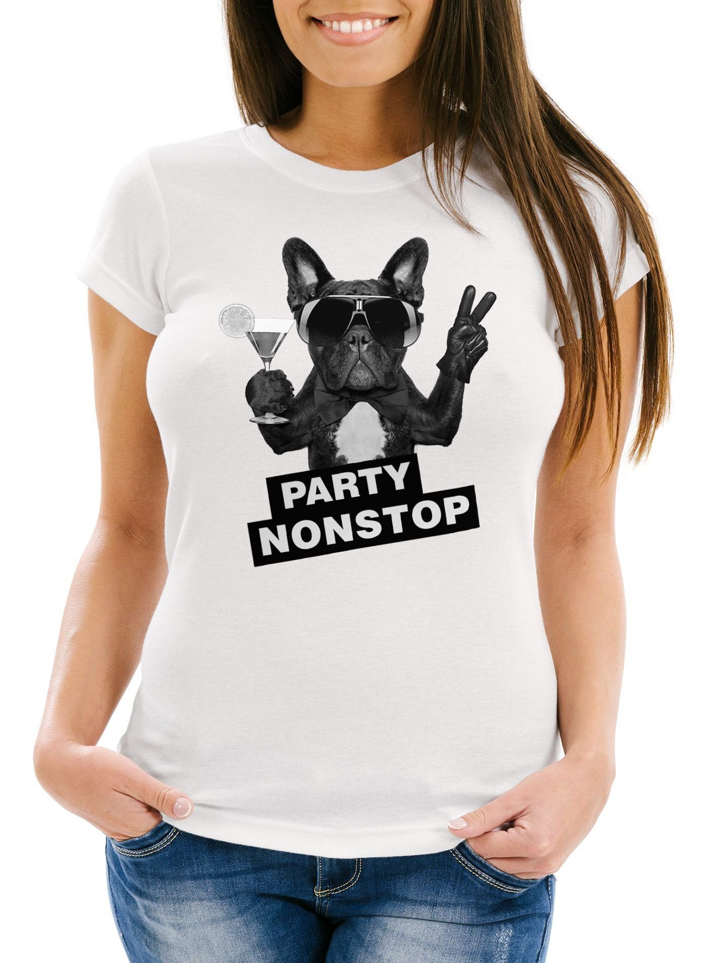 Neverless Print-Shirt Damen T-Shirt Party Nonstop Mops French Bulldog Slim Fit Neverless® mit Print weiß