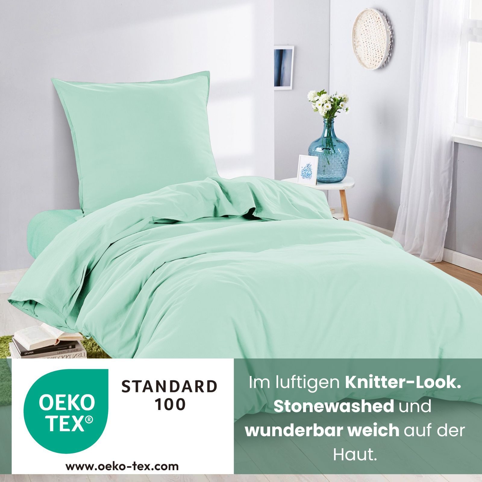 wometo Bettwäsche Stone Washed 155x220 Renforcé, Baumwolle, 2 teilig, OEKO-TEX®, 100% Baumwolle, Bettwäsche im Knitterlook mit Stehsaum – Bild 4 von 5