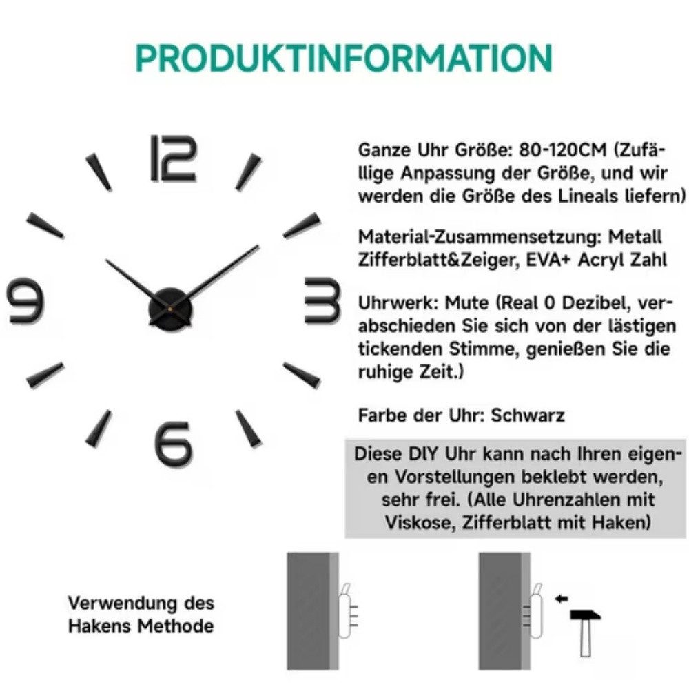 POPOLIC Wanduhr 80-130cm große einfache Wanduhr 3D Digital Silent DIY Acryl Uhr (3D gespiegelte Zahlen, freie Größe)