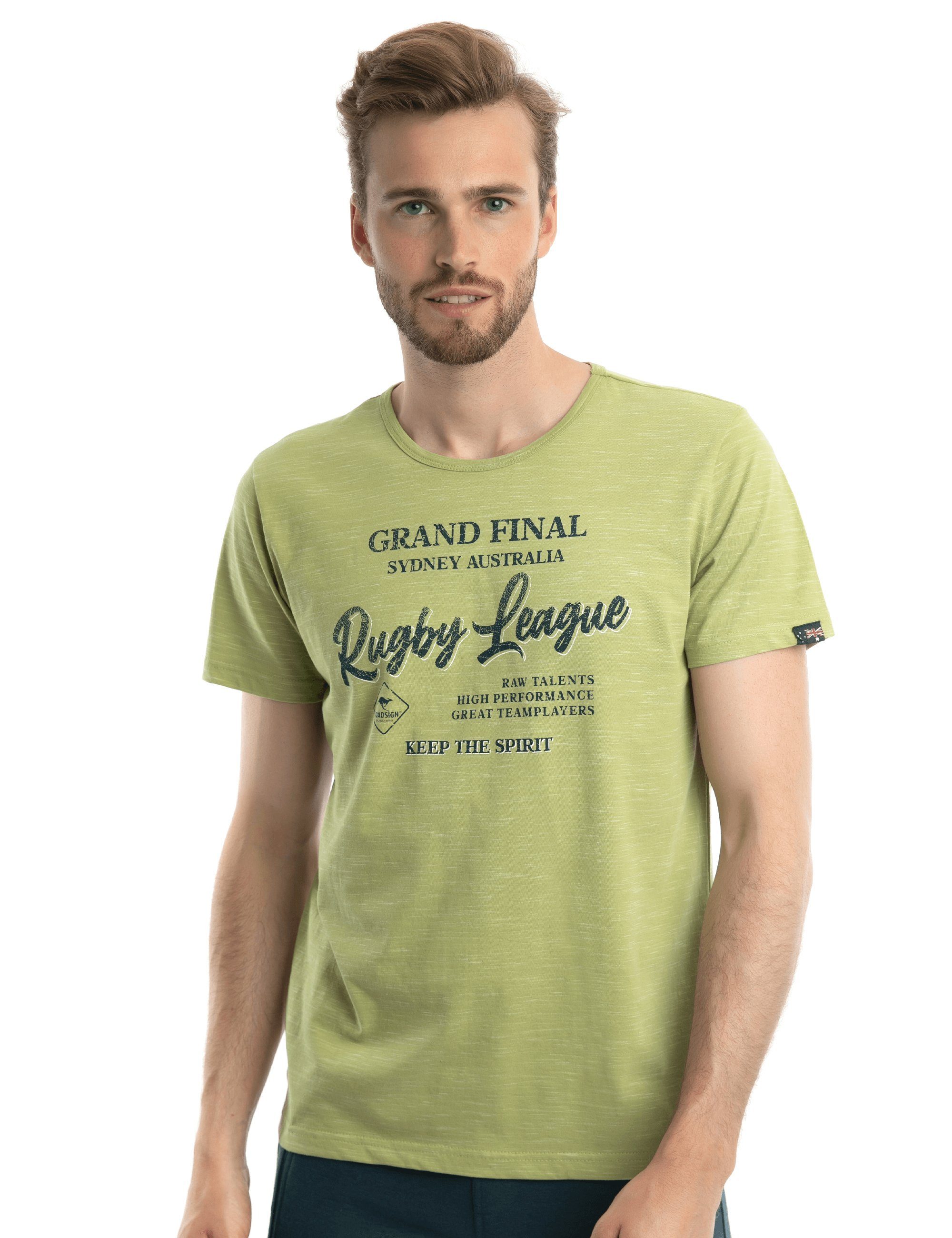 Rundhalsausschnitt, australia Gruen (1-tlg) Aufdruck sportlichen League" Rugby mit mit "Rugby T-Shirt ROADSIGN