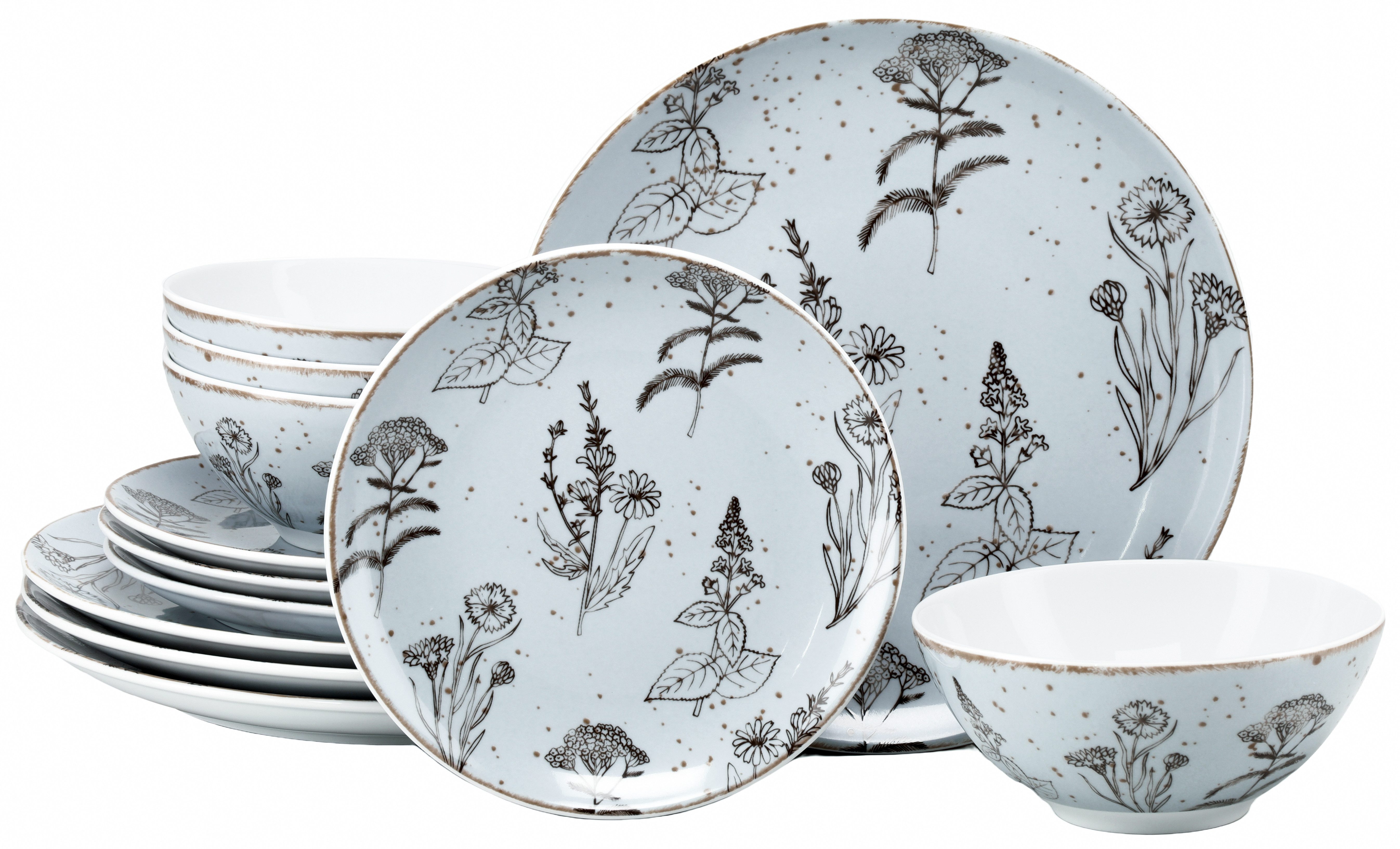 CreaTable Teller-Set Vintage Flower, Teller Set 12-tlg. (12-tlg), 4 Personen, Porzellan, Farbglasur mit Sprenkeln, Rustikaler Vintage Look