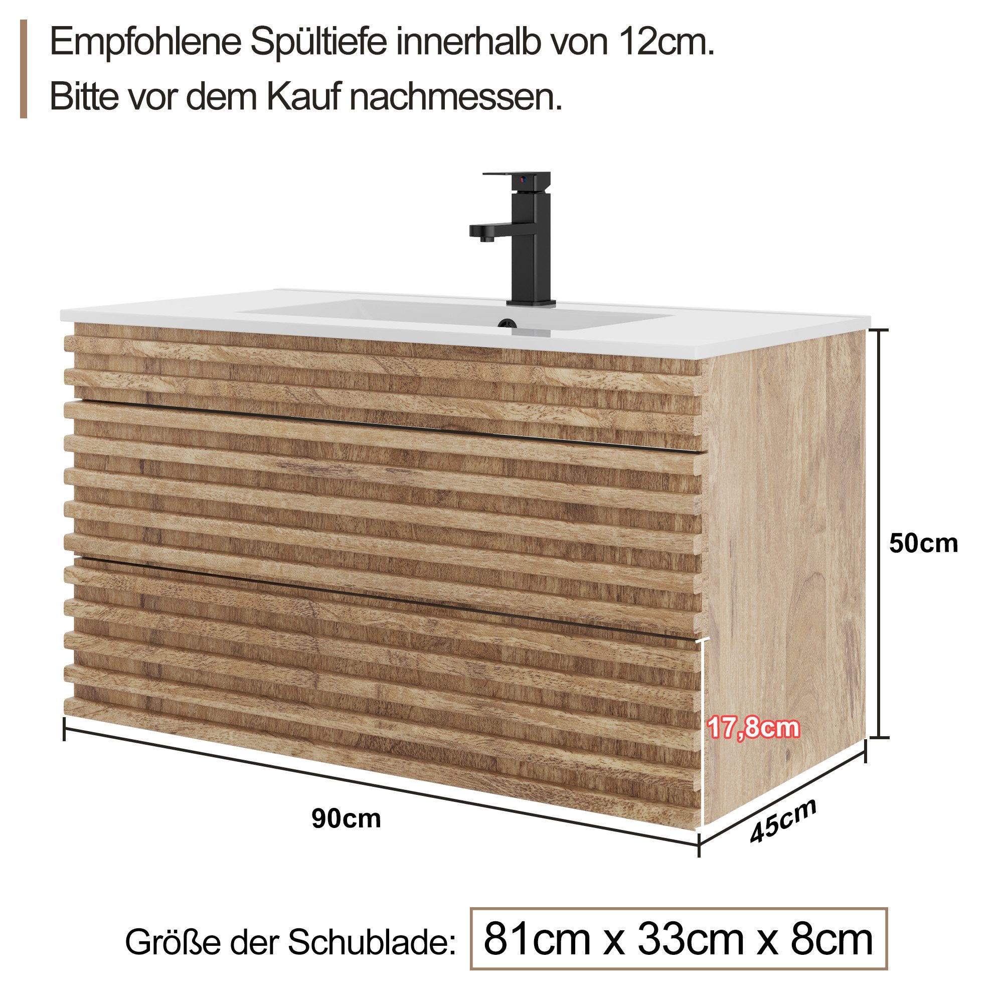 UEV Waschbeckenunterschrank 60cm/75cm/90cm hängend Holz (Waschtischunterschrank, Badmöbel für Gäste WC) Soft-Close System, Unterschranke fürs Bad – Bild 4 von 5