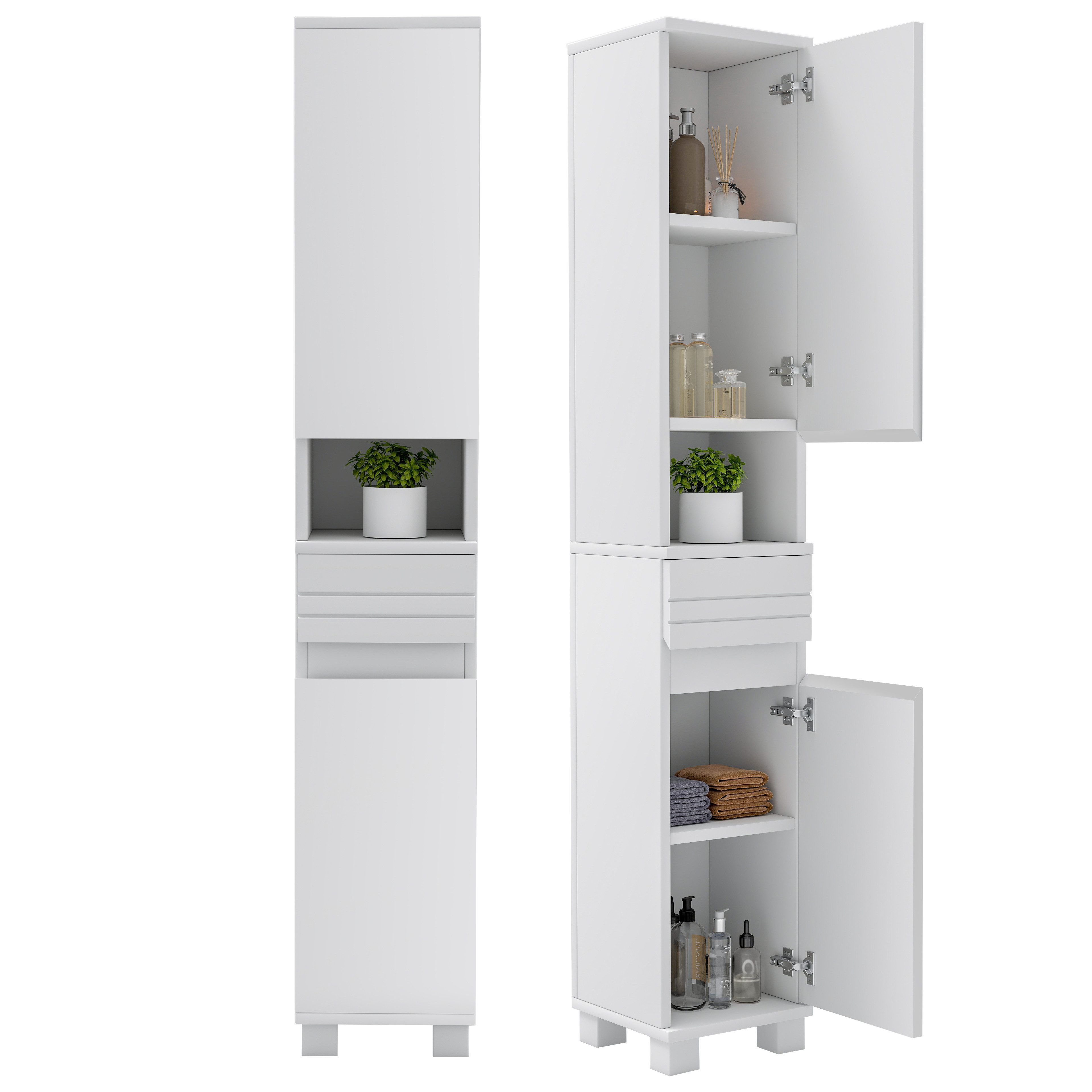 oyajia Hochschrank Badkommode Badezimmerschrank Badschrank Badezimmermöbel mit 2 Türen (Höhe 170 cm, mit Türen & Schubkasten) verstellbare Ablagen, offenes Fach