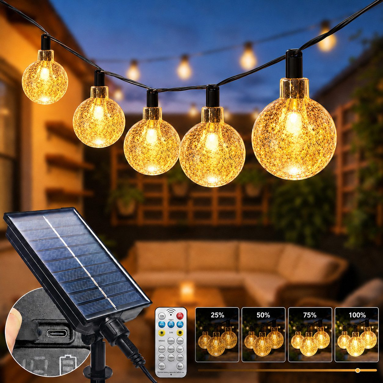 Toomoke LED Solarleuchte LED Solarleuchten,Garten Kugel Lichterkette,Außen Solar Gartenleuchte, 12M/39FT, 100LEDs Lichterkette, Warmweiß, mit Fernbedienung,für Camping, Garten und Partys