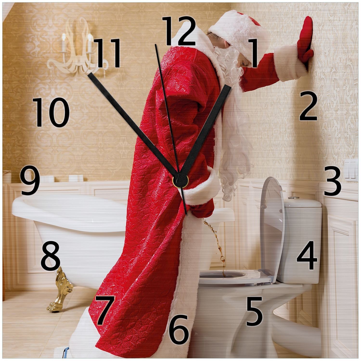 Wallario Wanduhr Weihnachtsmann macht Pause und pinkelt auf edler Toilette (Aluverbunduhr)