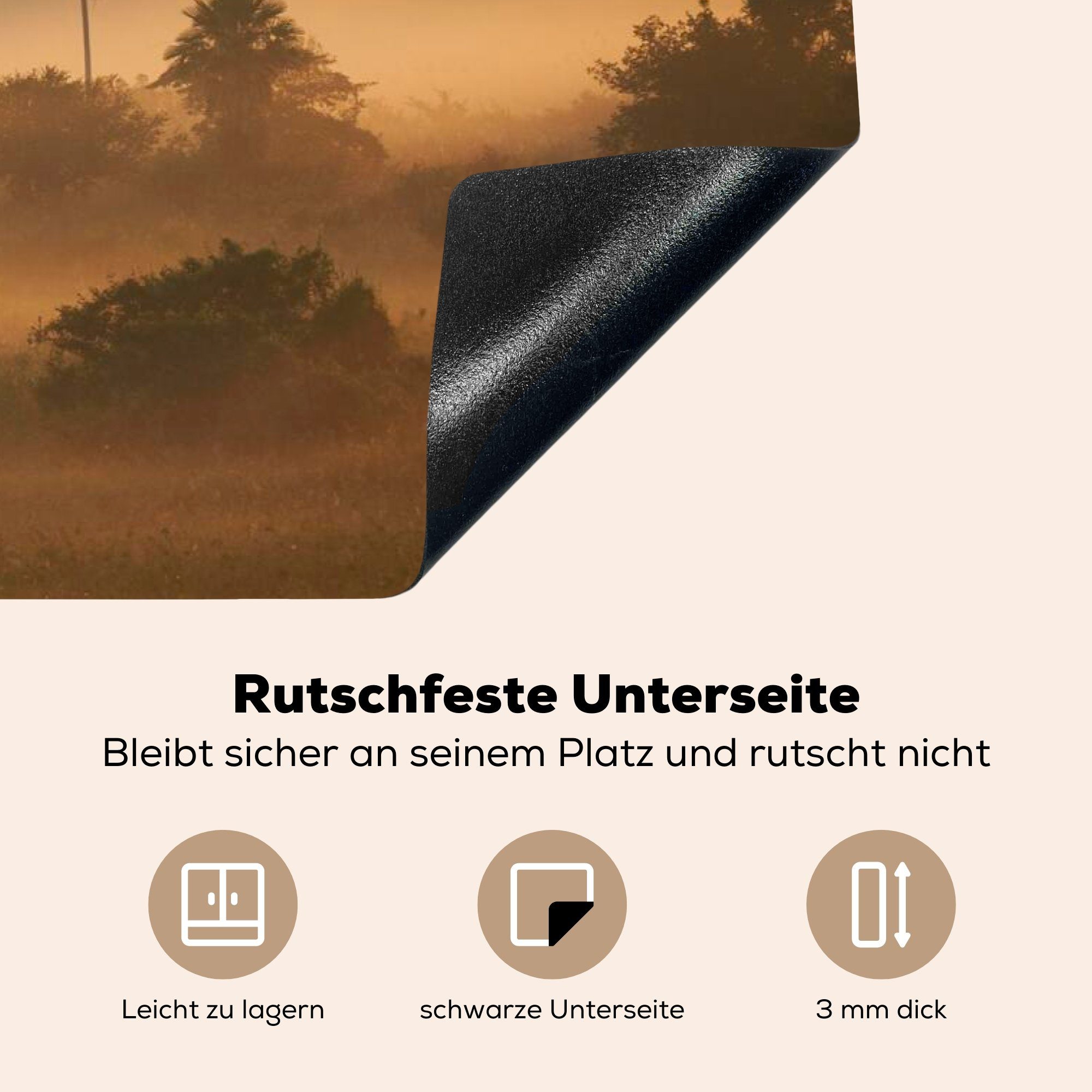 im die MuchoWow tlg), Induktionskochfeld Herdblende-/Abdeckplatte Morgennebel cm, Pantanal, Vinyl, küche, für 81x52 Ceranfeldabdeckung Schutz im Grasland (1