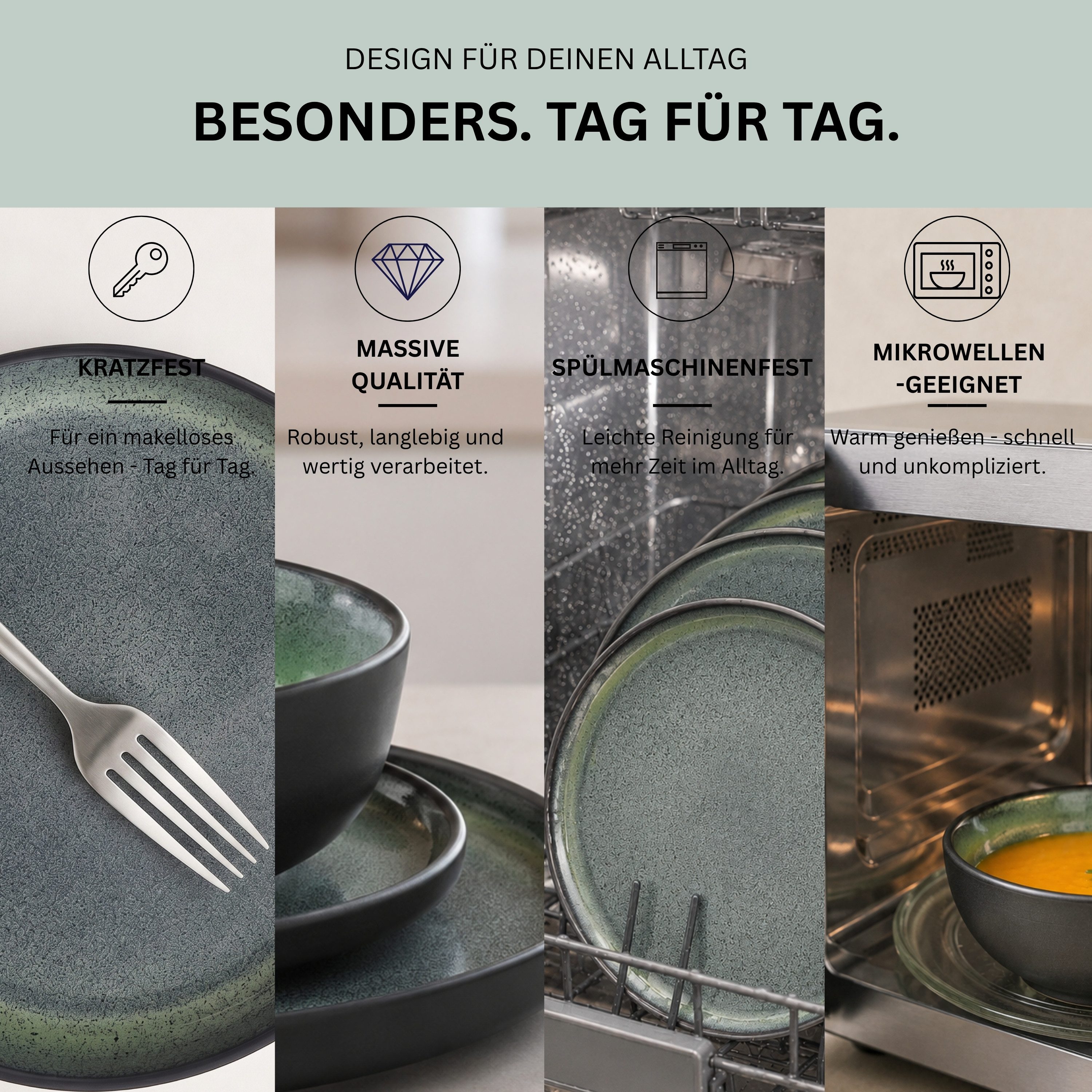 SÄNGER Tafelservice Malmö Geschirrset (30-tlg), 6 Personen, Steingut, Grün-Schwarz, Handmade, Erweiterbar, VALUE COLLECTION