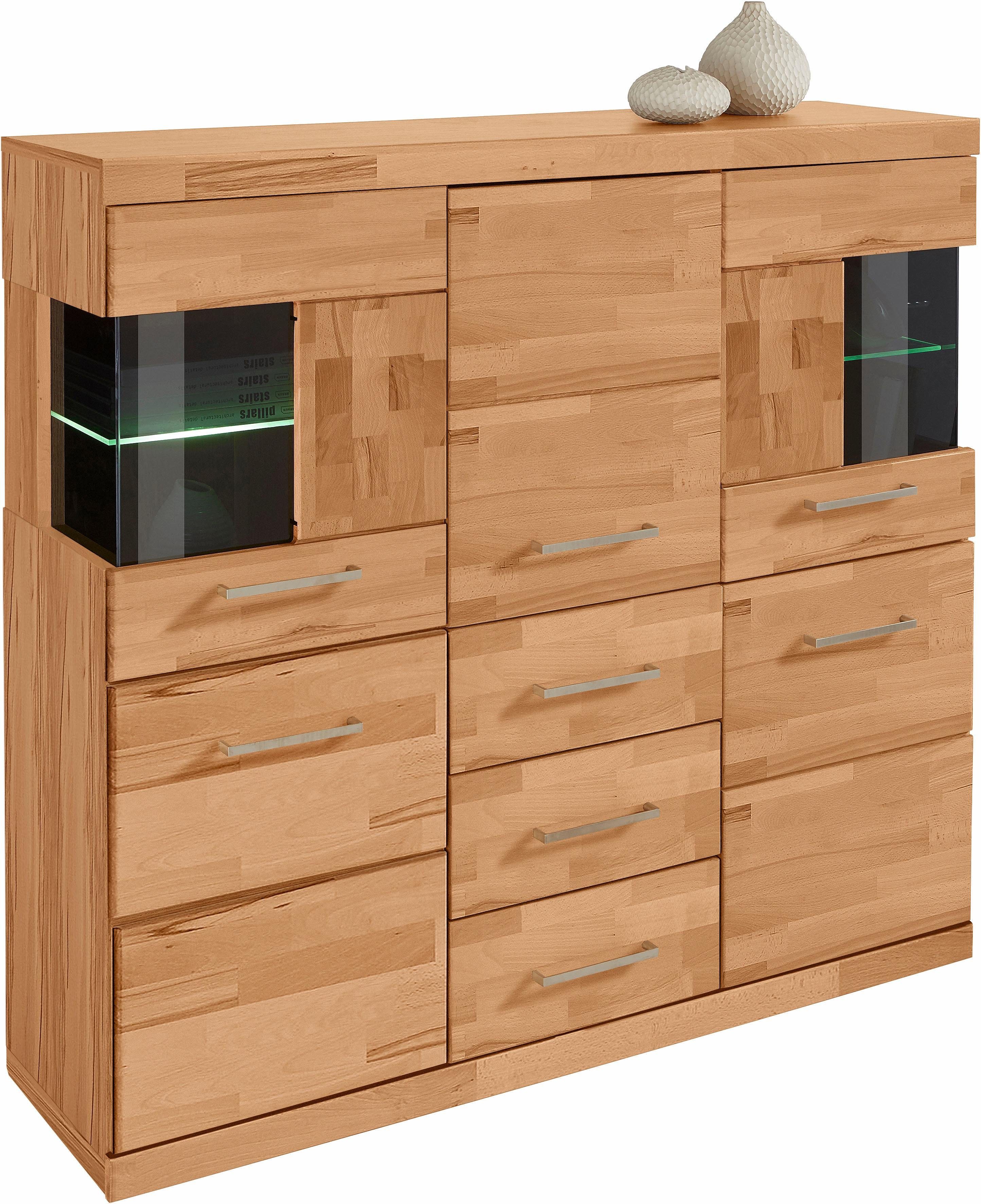 OTTO home Highboard Ribe,125cm breit,115cm hoch, Fronten Massivholz,5Türen,3 Schubladen, Holz massiv, Holzwerkstoff, Metall Griffe,10Fächer, Böden versetzbar