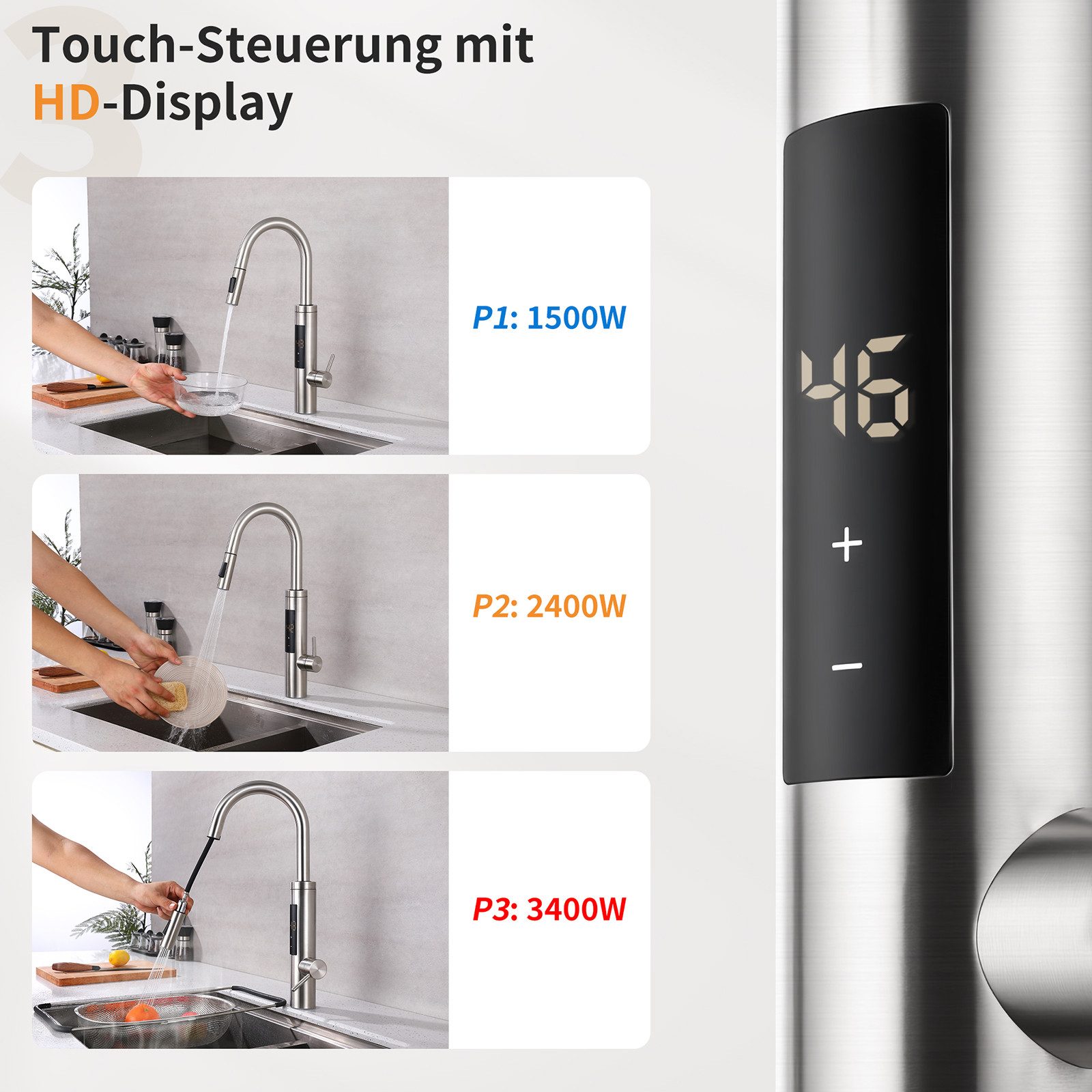 HOMELODY Küchenarmatur mit LED-Display, ausziehbarer Brause & Sofortheizung,360° drehbare Touch-Steuerung mit HD-Display, 3 Leistungsstufen & Überhitzungsschutz