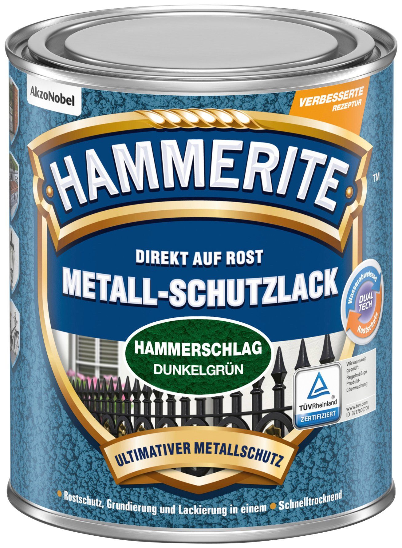 Hammerite  Metallschutzlack DIREKT Hammerschlag Liter, 0,25 AUF grün ROST