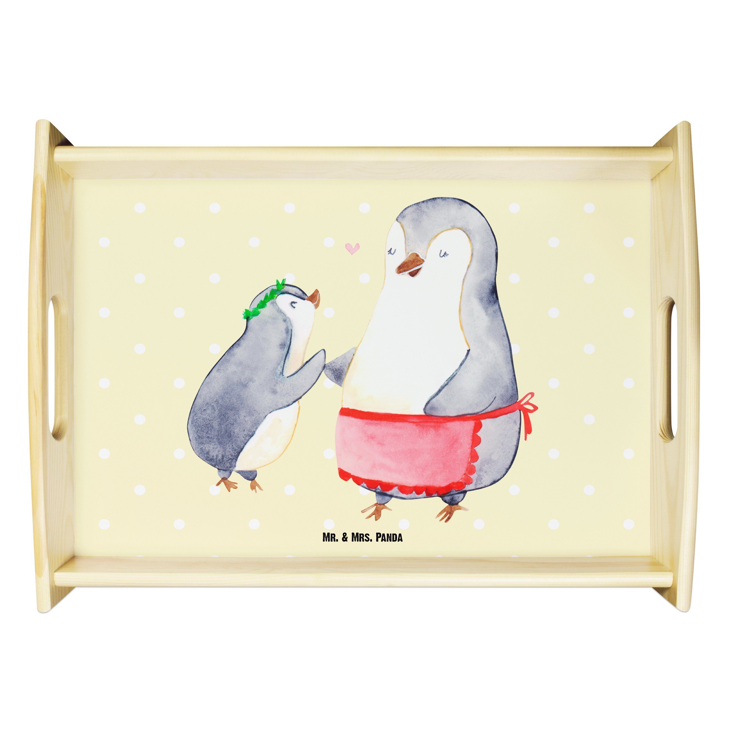 Mr. & Mrs. Panda Tablett Pinguin mit Kind - Gelb Pastell - Geschenk, Dekotablett, Mutti, Schwe, Echtholz lasiert, (1-tlg)