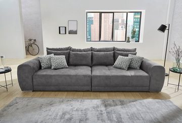 luma-home Big-Sofa 15114, XXL-Couch 306x134 cm mit Federkernpolsterung, viele Kissen, markante Steppungen, Mikrofaserstoff Grau