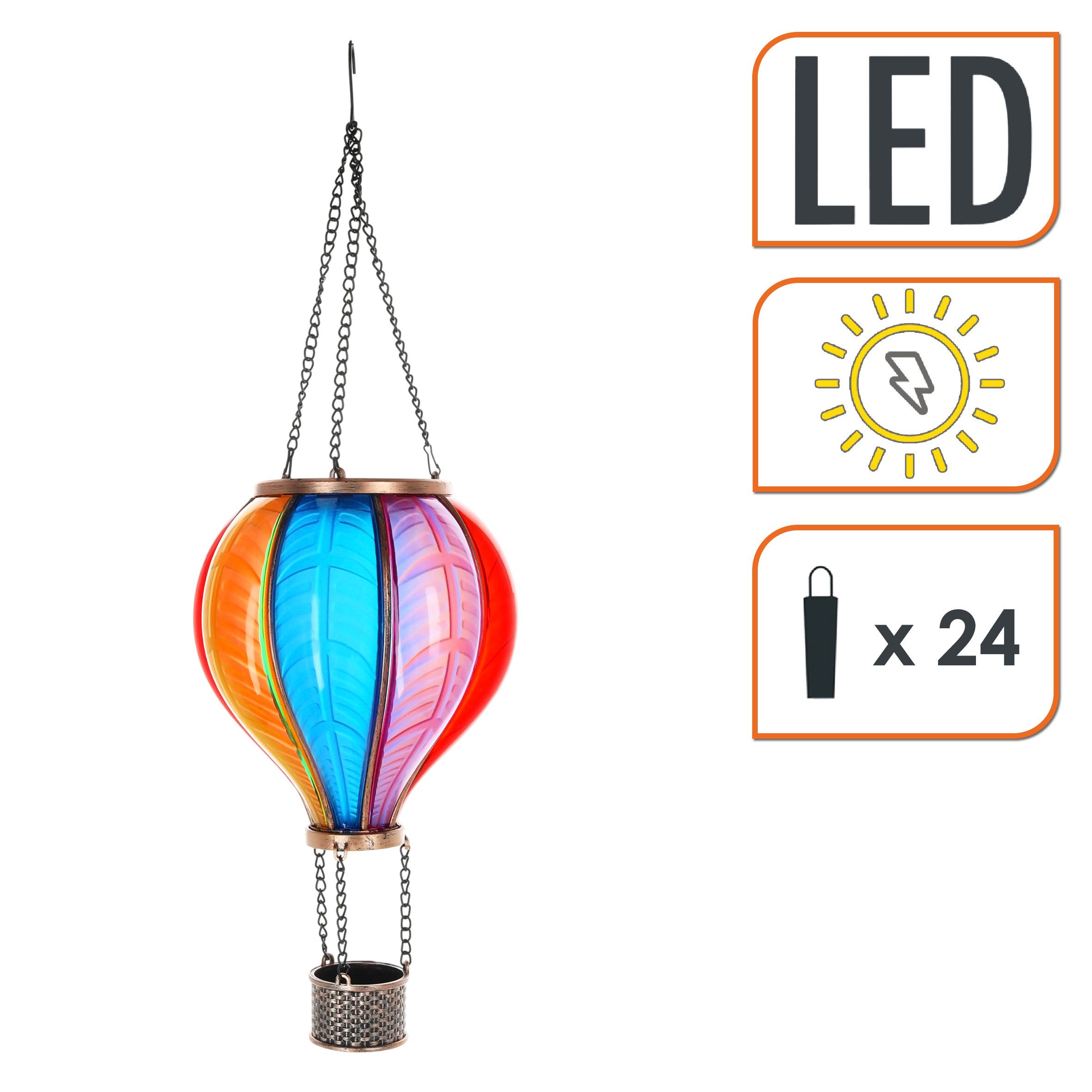 Spetebo LED Dekolicht Solar LED Heißluftballon bunt zum Hängen, Dämmerungssensor, LED fest integriert, warm weiß, Garten Lichtspiel mit Flammen Effekt warm weiß