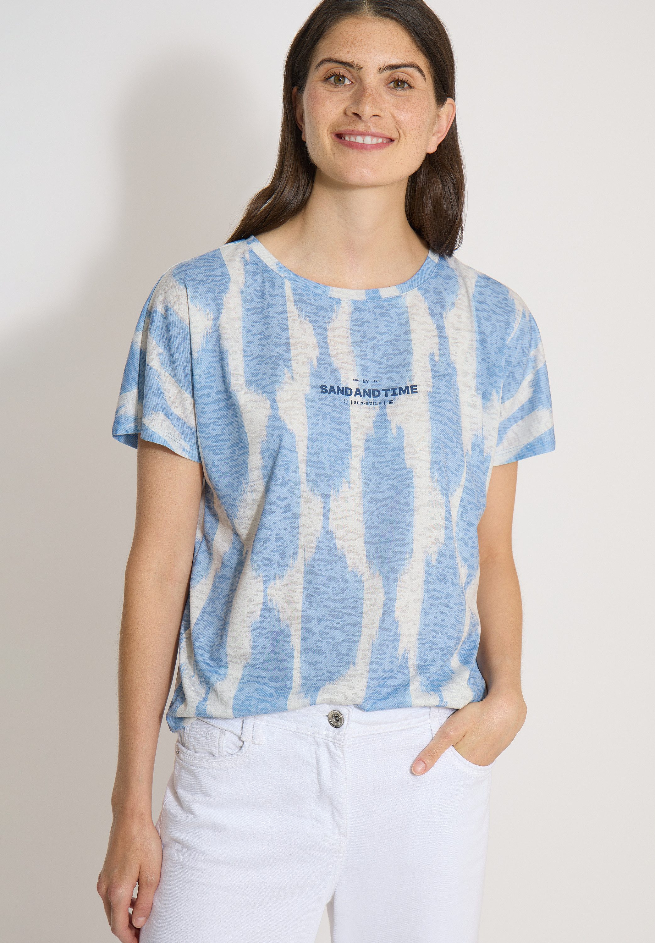 CECIL Kurzarmshirt Sommershirt im Ausbrenner-Look mit Wording