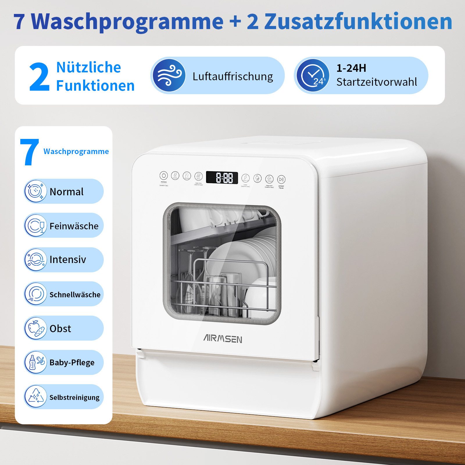Airmsen Tischgeschirrspüler ZMW-DUHC01 Mini Geschirrspüler mit wassertank,9 Programme,37 * 50cm Ultra-Schmal & Tief, 1-24H Timer, 5 l, 4 Maßgedecke, Kompakt,Erweiterbarer Spülkorb