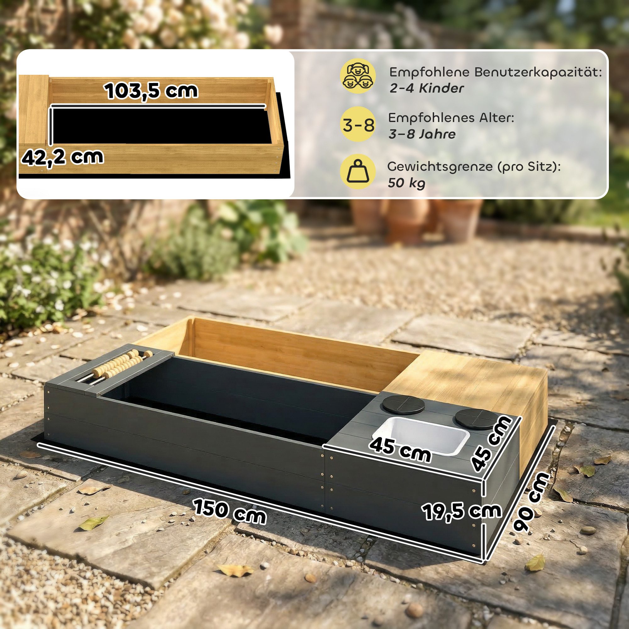 AIYAPLAY Sandkasten Sandkiste Holz mit Sitzbank Stauraum, (150 x 90 cm Sandkiste, 2-tlg., Sandbox), für Kinder von 3-8 Jahren, für Outdoor Garten Hinterhof Gelb