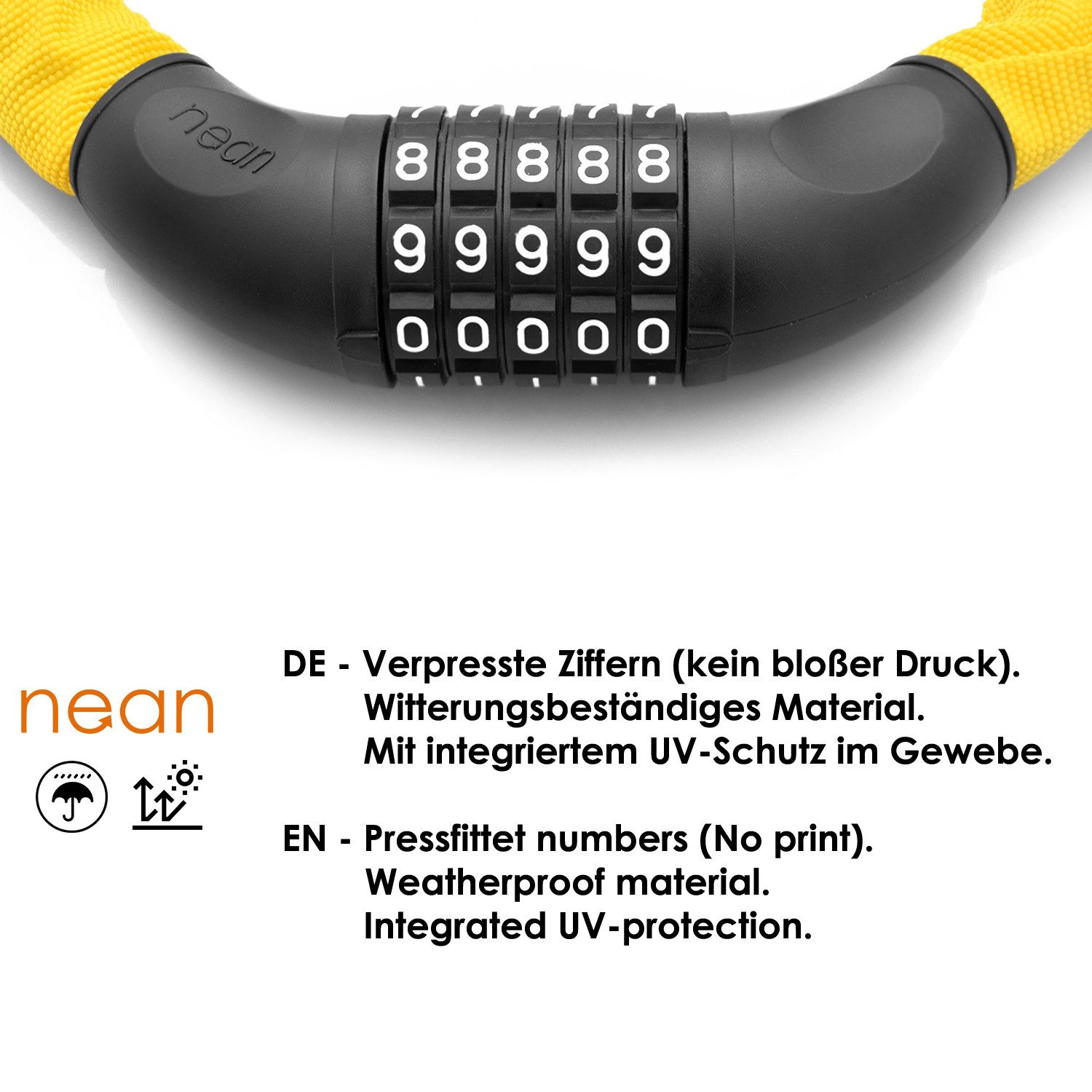 nean Zahlenkettenschloss für Fahrrad und E-Bike, Fahrradschloss mit Zahlen, gehärtete Stahlkette, Hülle extrem robust, hohe Sicherheit, 90 cm