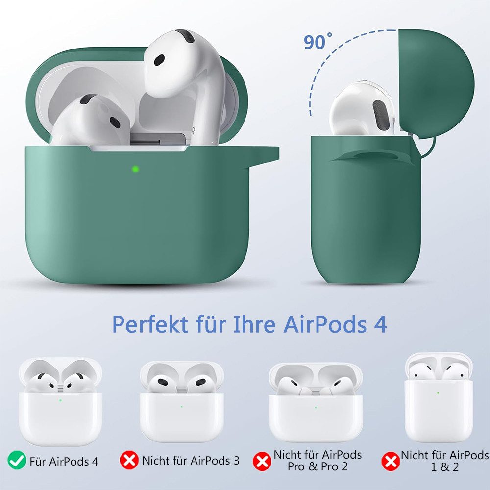 TUWENA Kopfhörer-Schutzhülle Silikon Hülle Kompatibel mit AirPods 4, mit Reinigungsset & Karabiner, Support Wireless Charging and Front LED Visible mit Schlüsselring