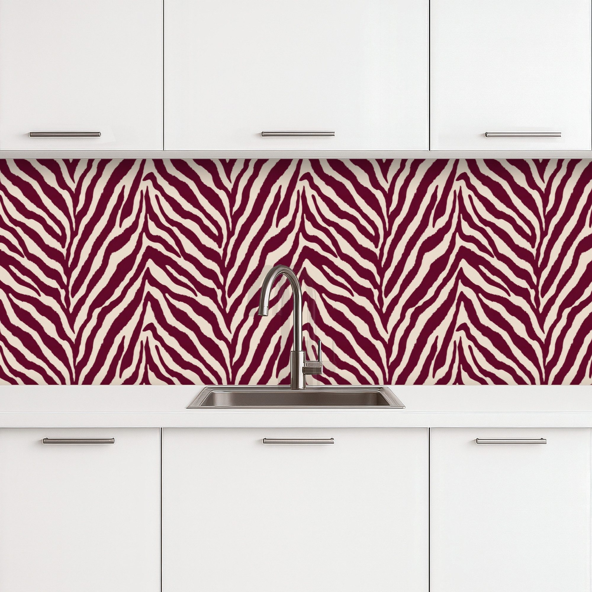 KitchenYeah Küchenrückwand selbstklebend (keine Folie) Zebra - Motiv - Bordeaux - Rot, (1-tlg), Spritzschutz, Küche, Rückwand, Küchenwand, Ohne Bohren, 250x80 cm