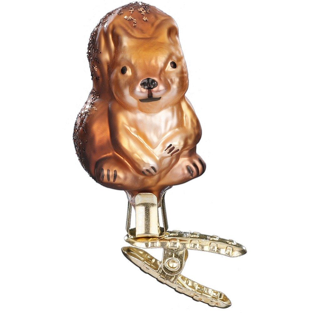 INGE-GLAS® Christbaumschmuck, Christbaumschmuck Baby Eichhörnchen auf Clip Glas 6cm braun, 1 Stück