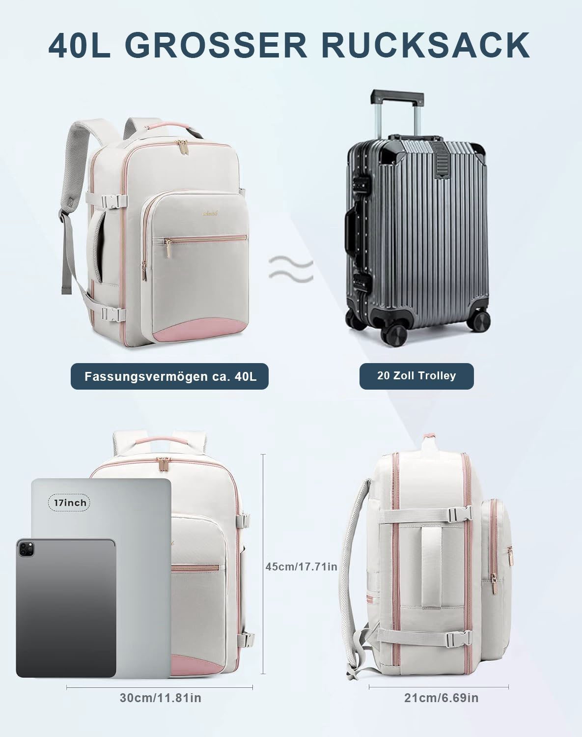 REDOM Reiserucksack Laptoprucksack Laptop Rucksack Rucksäcke Freizeitrucksack Laptoptasche (3 Aufbewahrungstaschen mitgeliefert Reisen Notebook Laptop Rucksack, Anti-Diebstahl, Backpack mit Laptopfach, Handgepäck, 40L Groß), für Herren Damen Jungen Teenager Freizeit Arbeit Business Reisen