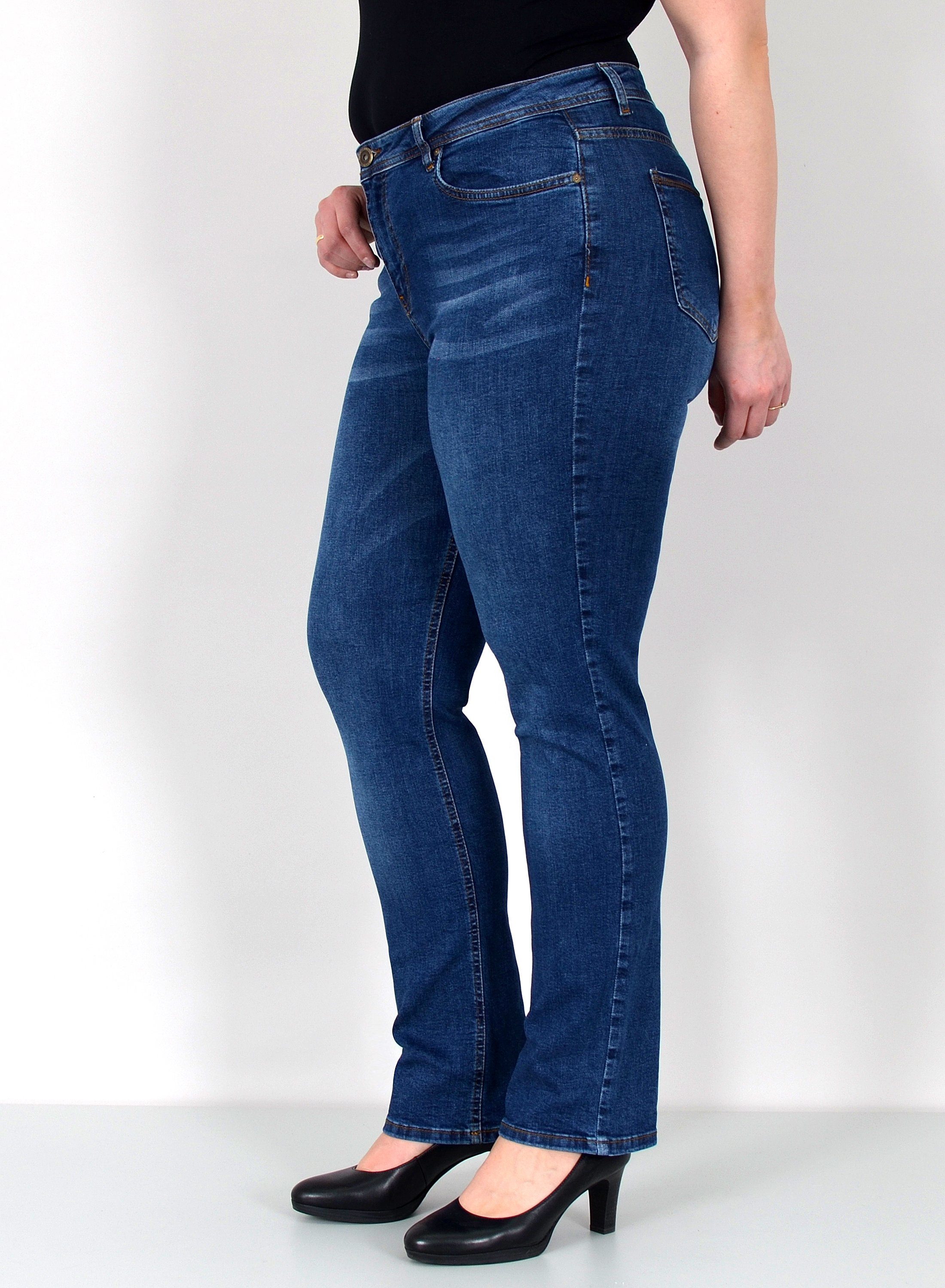 ESRA Straight-Jeans Gerade Schnitt Jeans hoher Bund mit Stretch bis Plus Size Übergröße Straight Jeans Damen High Waist Stretch Jeans Hose mit geradem Bein