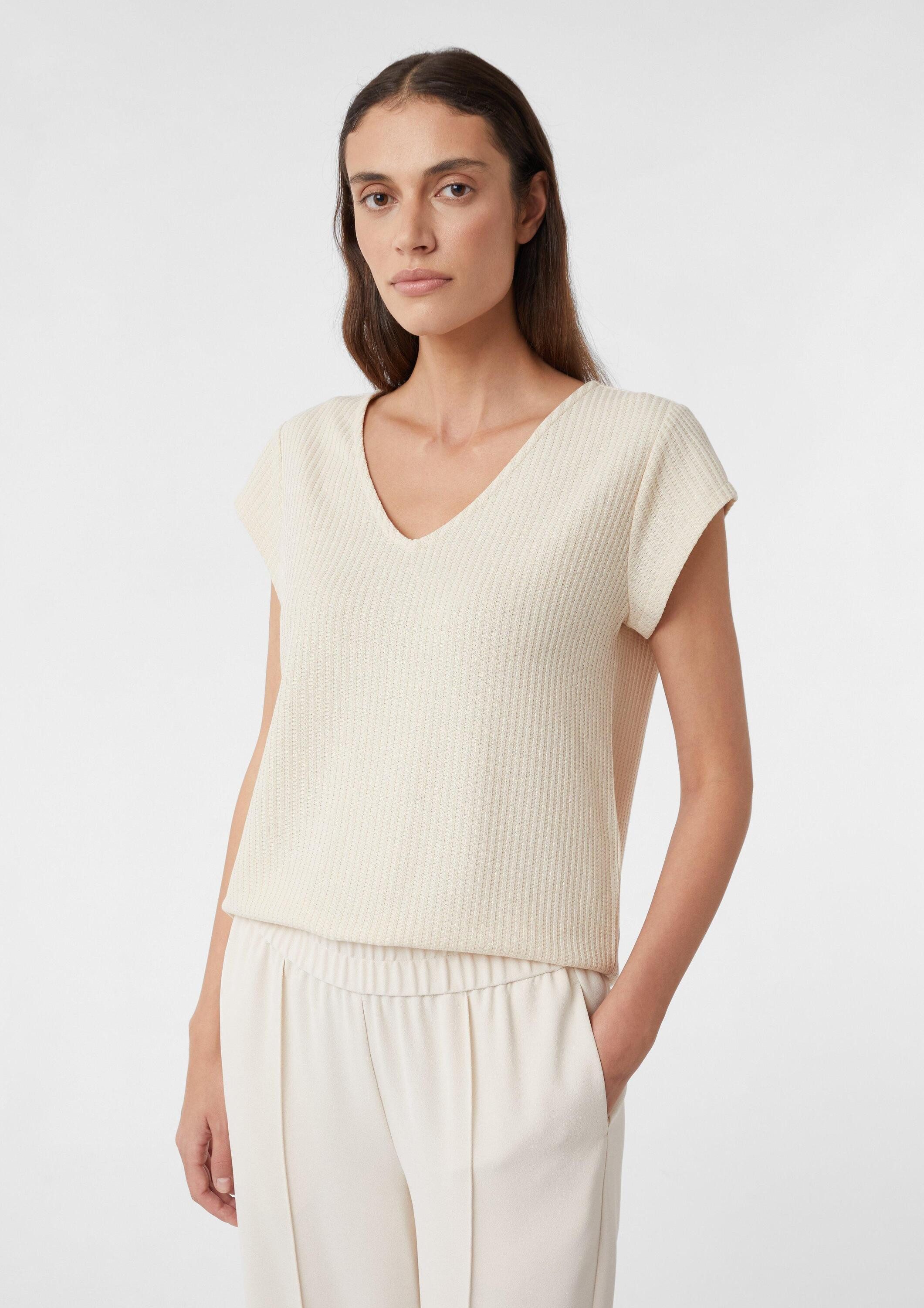 comma Kurzarmshirt T-Shirt Strukturiertes Jersey-T-Shirt mit V-Ausschnitt