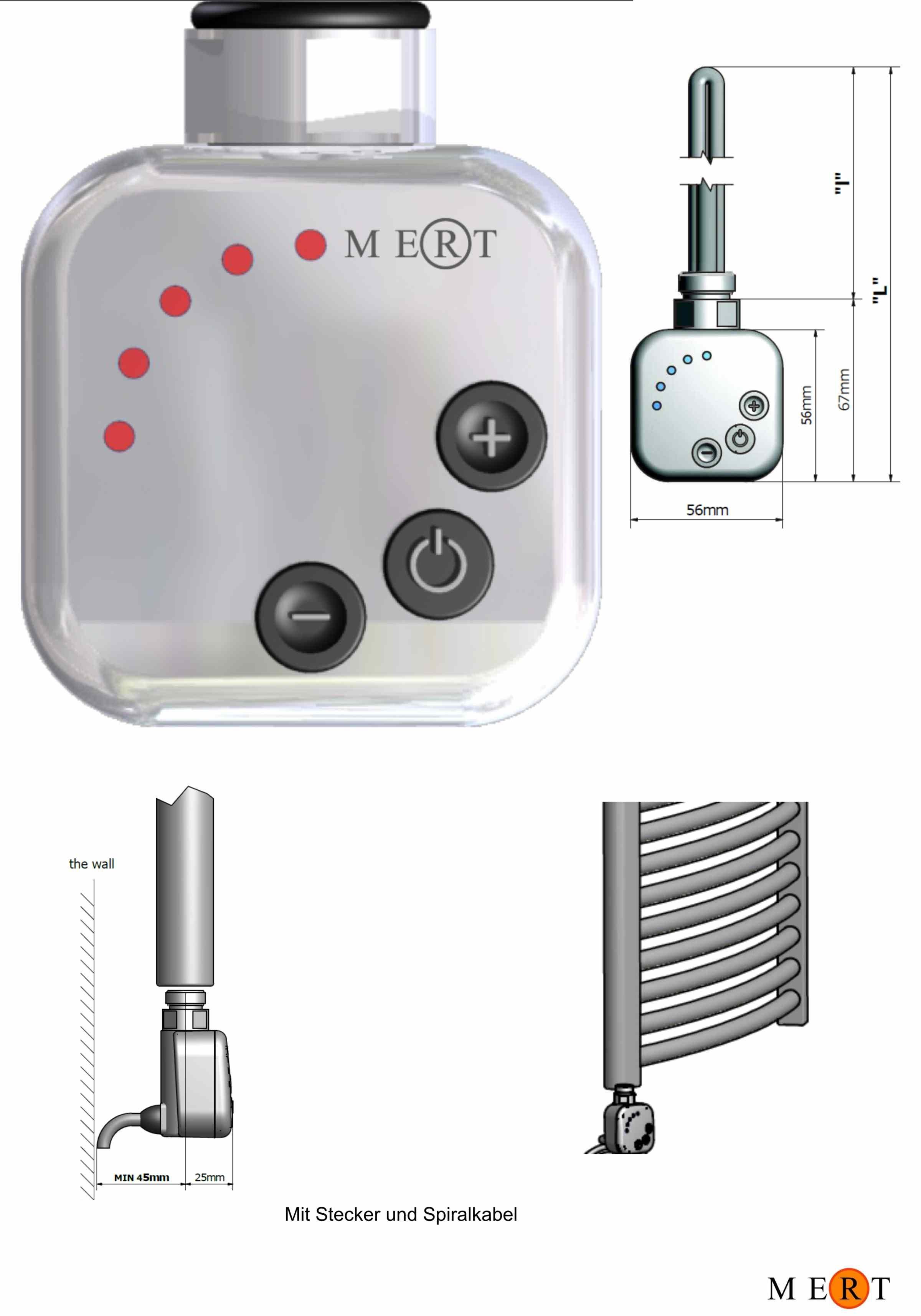 MERT Heizstab KMX1 - REGLER Modus, HEIZSTAB komplett Heizstab mit m, 30°-60° Grad mit Heizstufe Regler 2Timer 0,5-2,2 Kabellänge Weiß, set