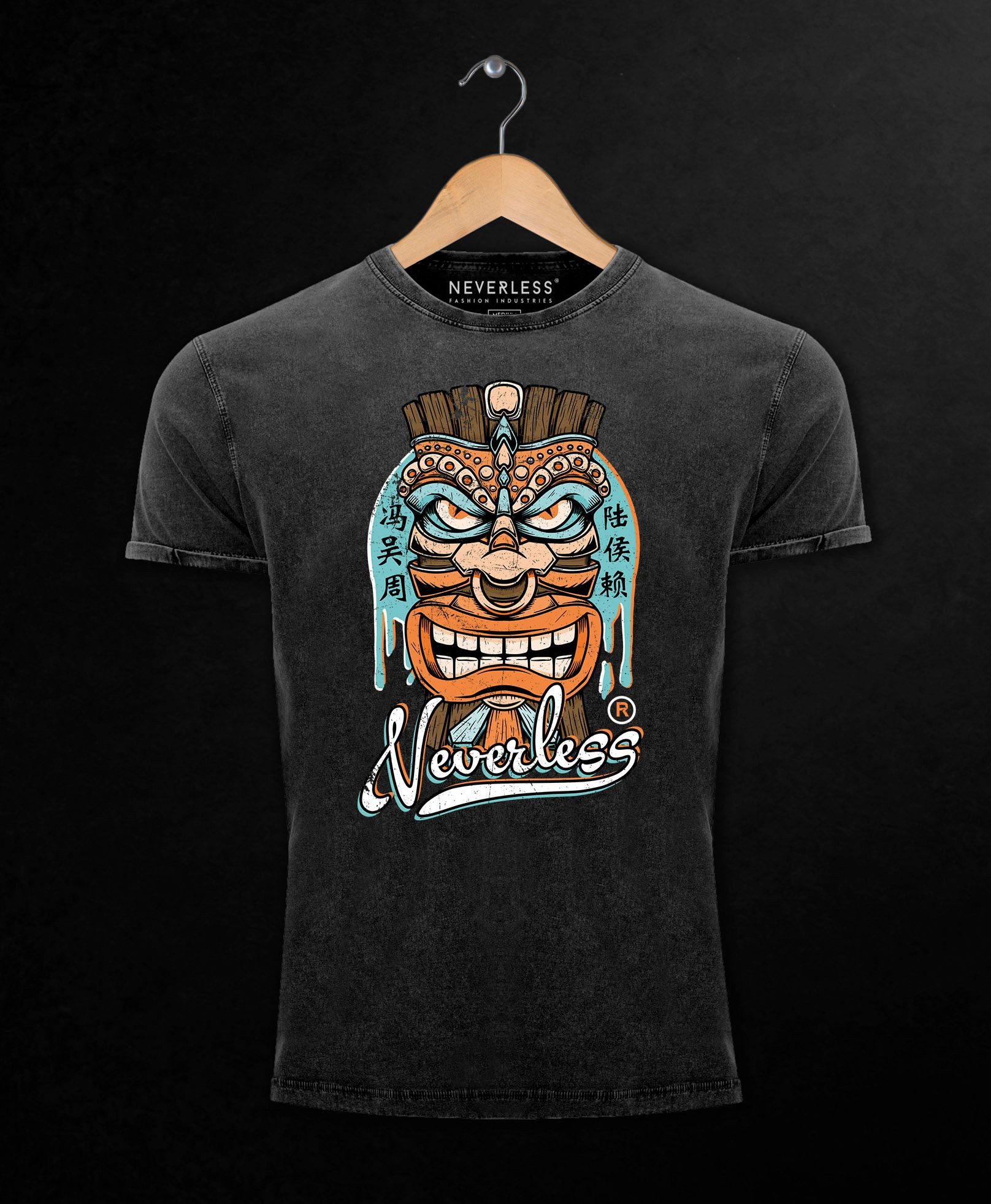 Neverless Print-Shirt Herren Vintage Shirt Tiki Maske Totem Figur Hawaii Printshirt T-Shirt mit Print