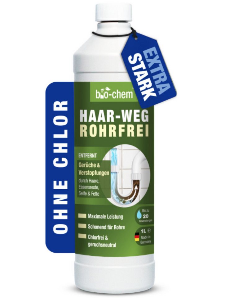 bio-chem Abflussreiniger EXTRA STARK 1 L - Profi Rohrreiniger - Geruchsneutral Rohrreiniger (Einzelprodukt, [- HAAR-WEG Abflussfrei 1 l Chlorfrei und geruchsneutral – sicher in Anwendung)