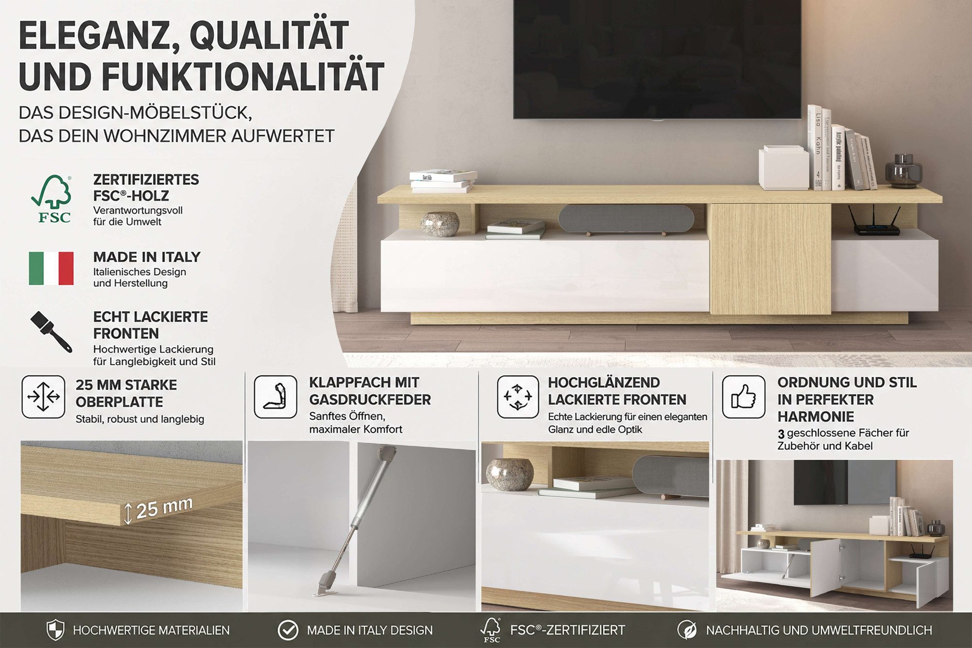 OTTO home Lowboard Lowboard ETHOS,Lowboard,TV-Kommode,TV-Möbel,TV-Bank (1 St), Mit zwei Drehtüren, einer Klapptür und zwei offenen Fächern,B.210 cm