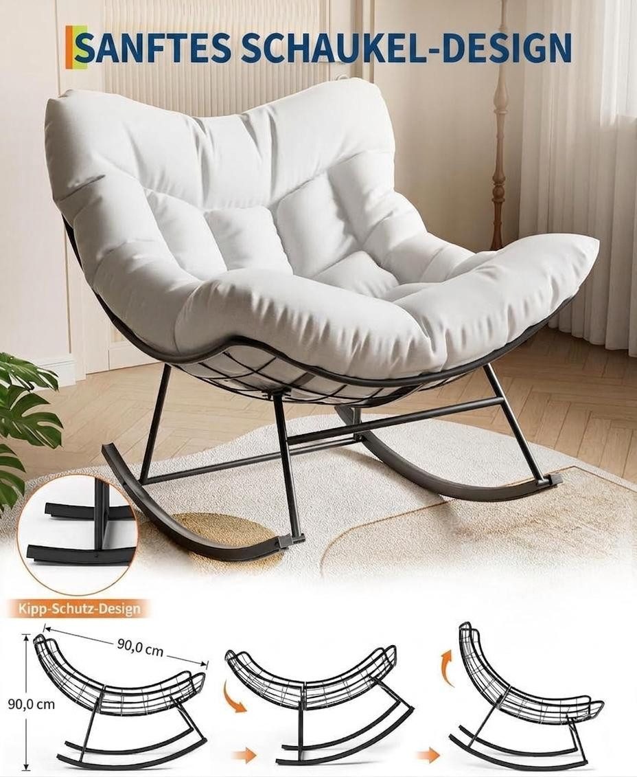 GarveeMore Schaukelstuhl mit dickem Kissen & Metallrahmen,Relaxsessel für Garten und Hinterhof, übergroßer Schaukelstuhl in Eierform für Terrasse,Balkon,Schlafzimmer