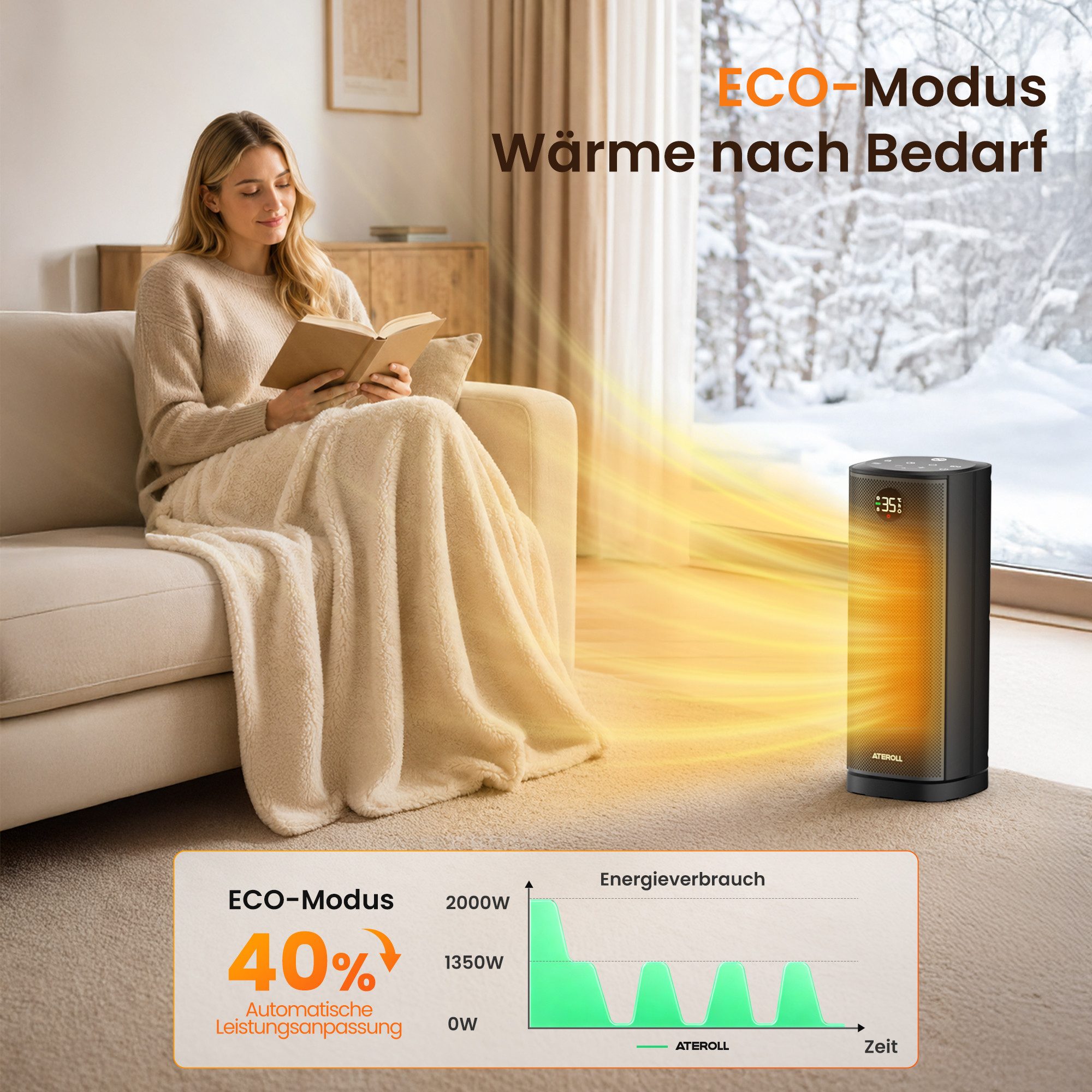 ATEROLL Heizlüfter energiesparend & leise heizgerät,Fernbedienung,Oszillation & Timer, 2000W Keramikheizlüfter mit LED-display, Überhitzungs und Kippschutz – Bild 3 von 5