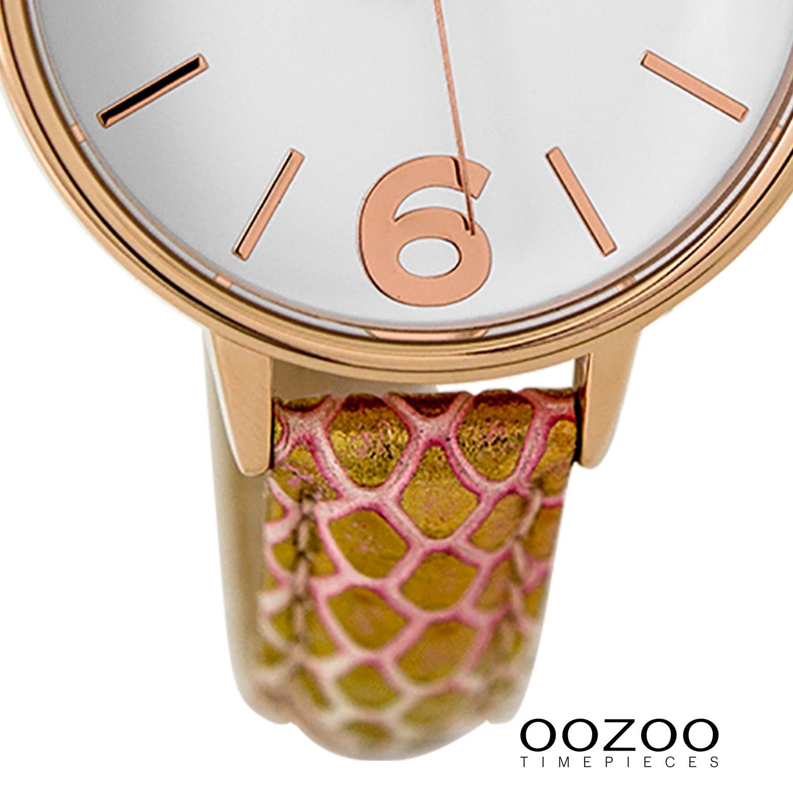 mittel Lederarmband, Damen Oozoo (ca. Armbanduhr 38mm) Fashion-Style Quarzuhr OOZOO pink rund, Damenuhr gold,