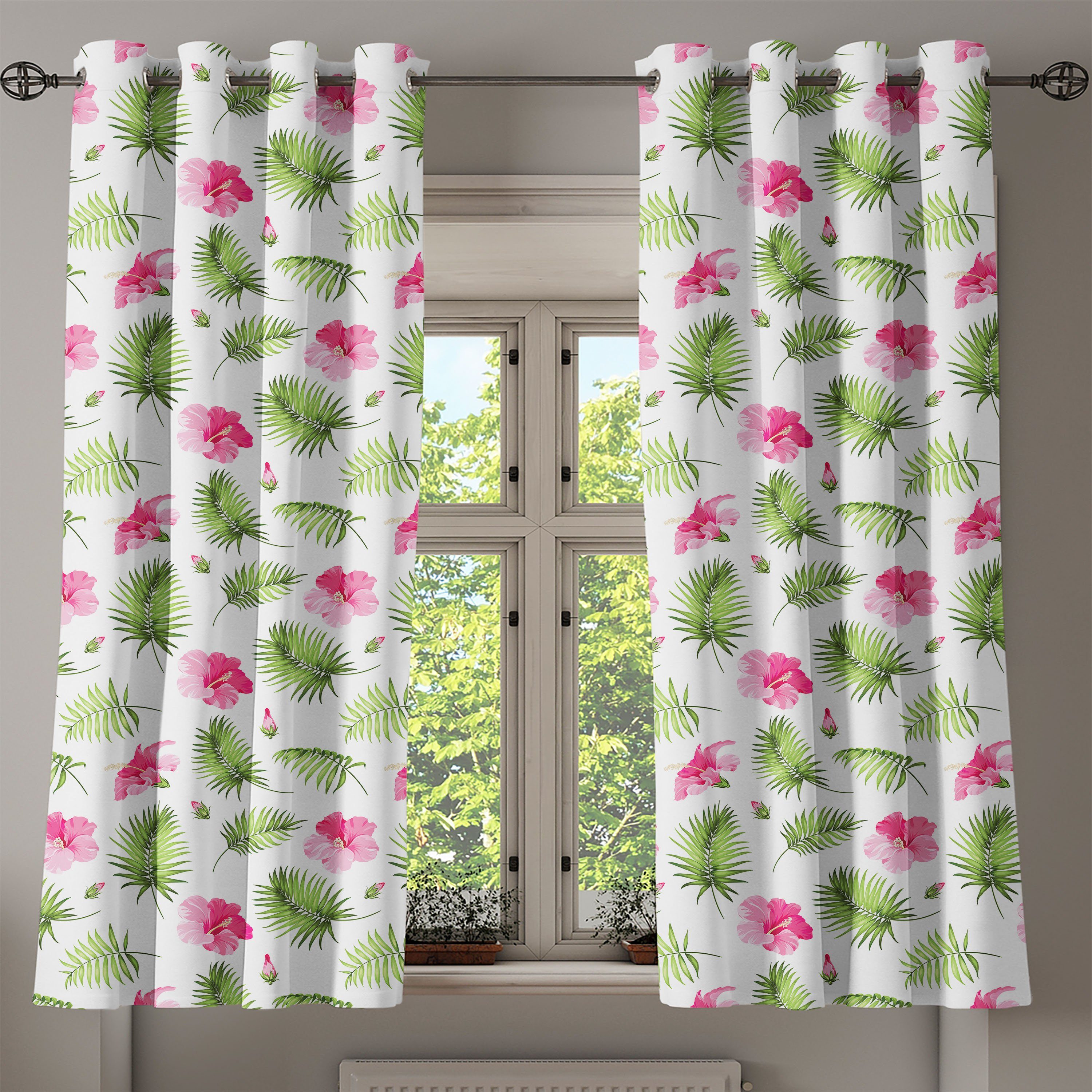 2-Panel-Fenstervorhänge Palm für Rosa Schlafzimmer Hibiscus Tropisch Wohnzimmer, Dekorative Gardine Abakuhaus,