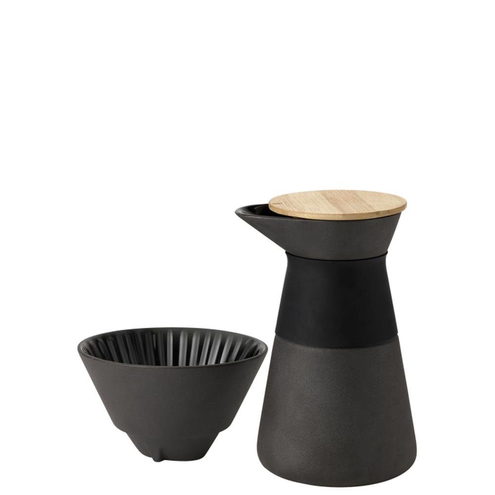 Stelton Kaffeebereiter, 0,6l Kaffeekanne, aus Steingut, Schwarz, mit Bambus-Deckel, Kaffeefilterkanne